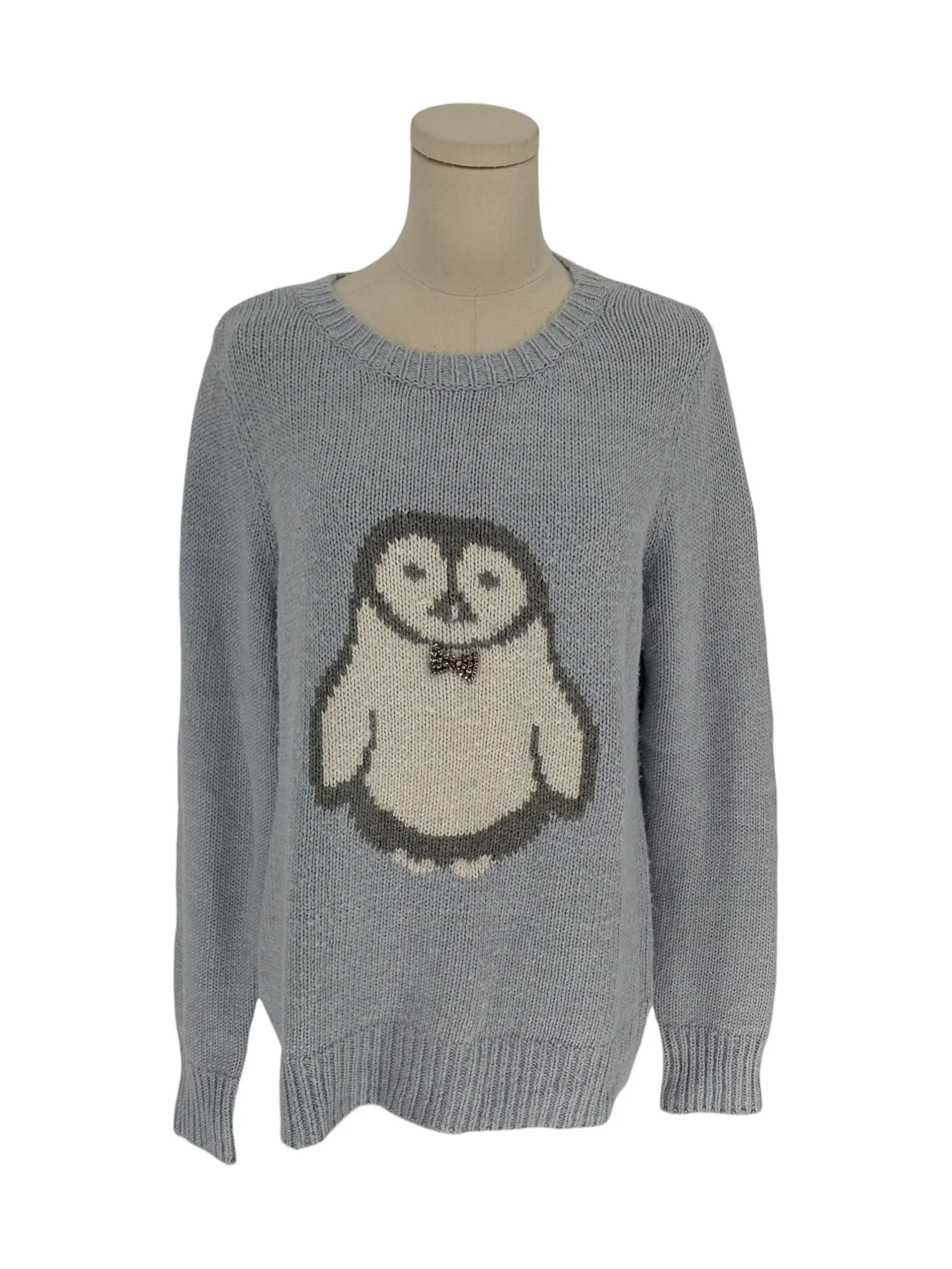 LC Lauren Conrad Penguin Intarsia Knit Sweater Light Blue Embellished Bow (Size L)
