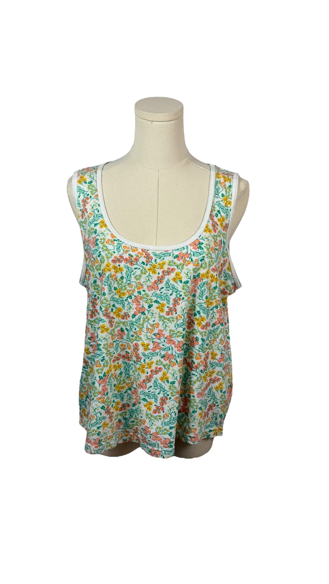 J Crew 100% Cotton White Tank w/ Green, Yellow, & Orange Floral Pattern (Size L)