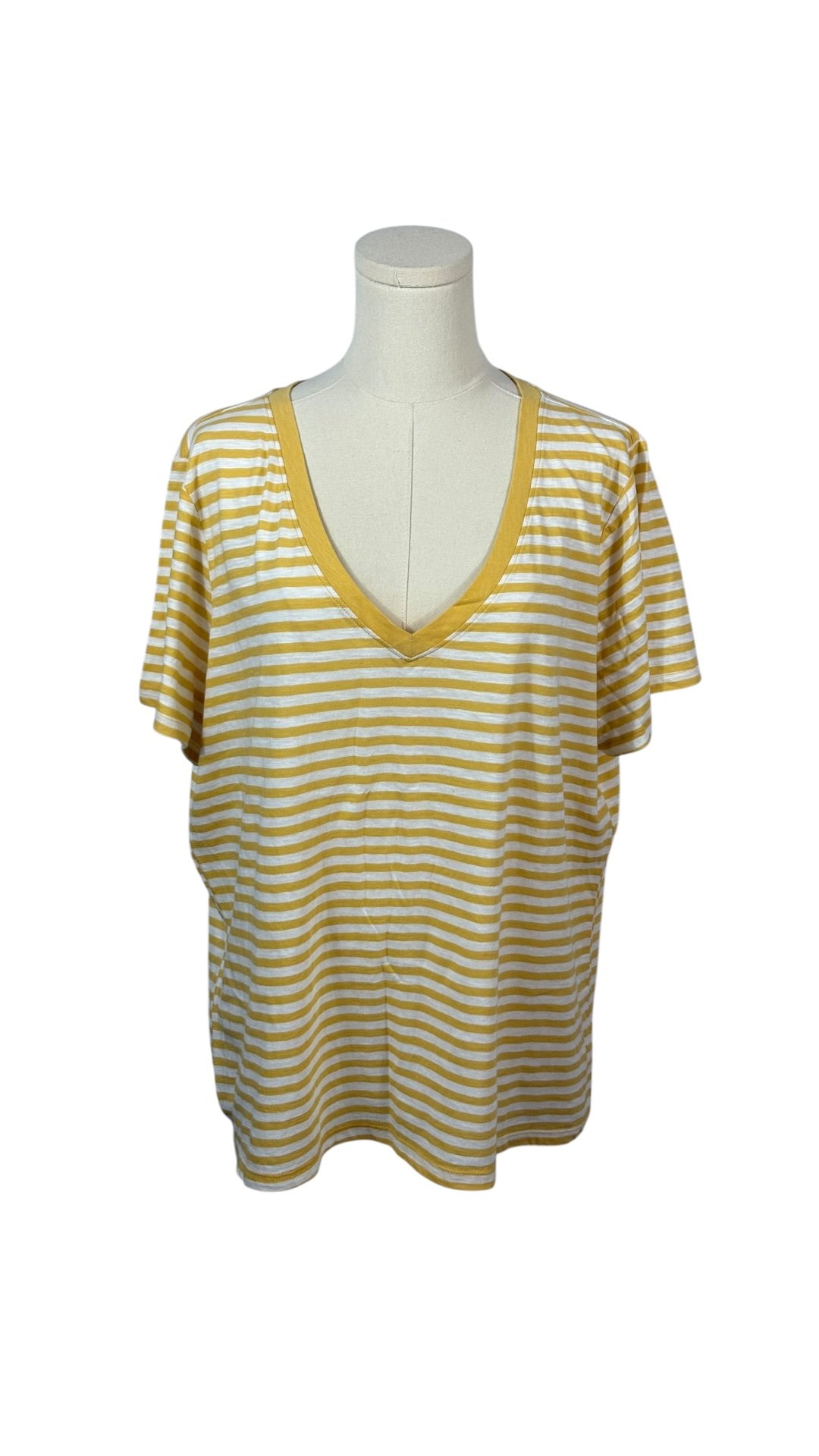 A New Approach 100% Cotton White & Yellow Striped V Neck Tee (Size XXL)