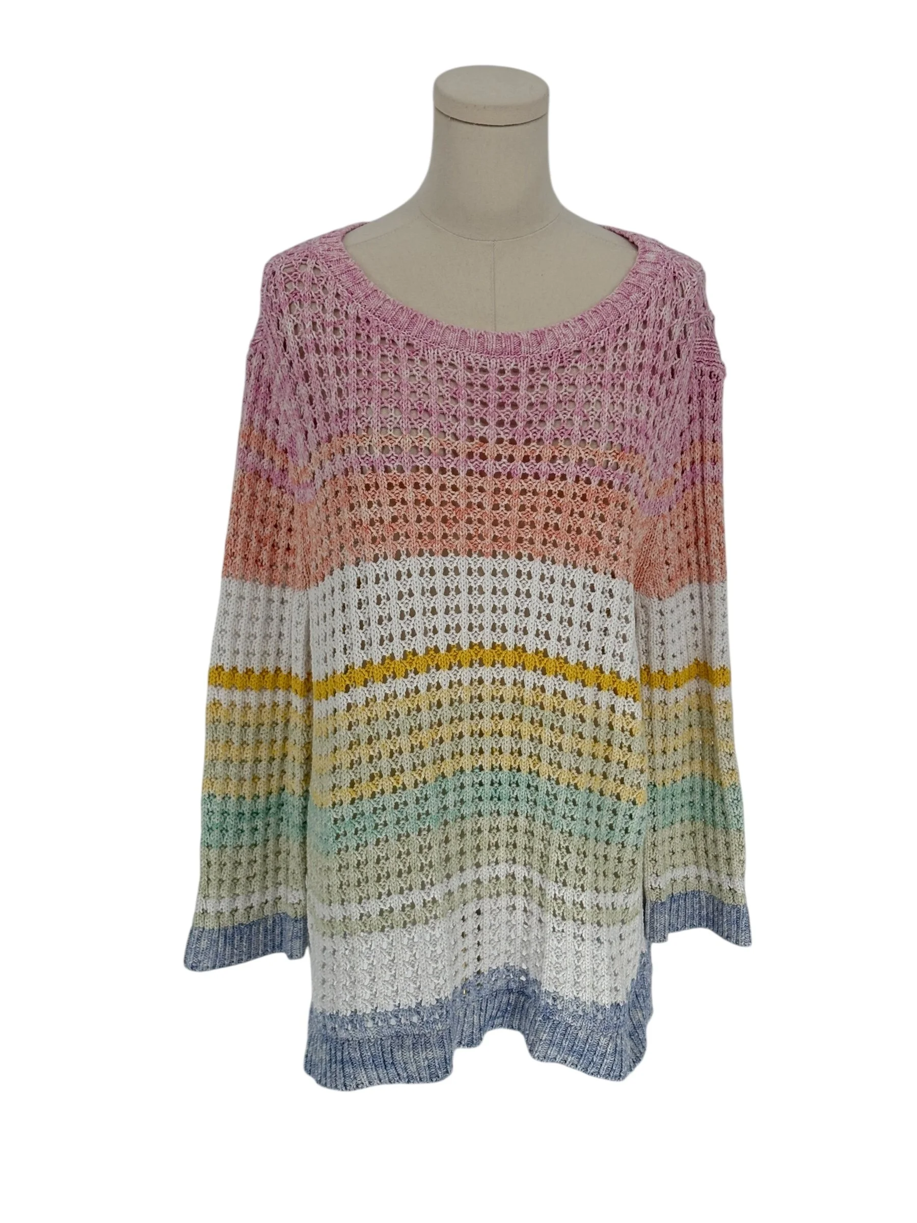 Talbots Petite Striped Crochet Knit Sweater Pink Yellow Blue White (Size XL)