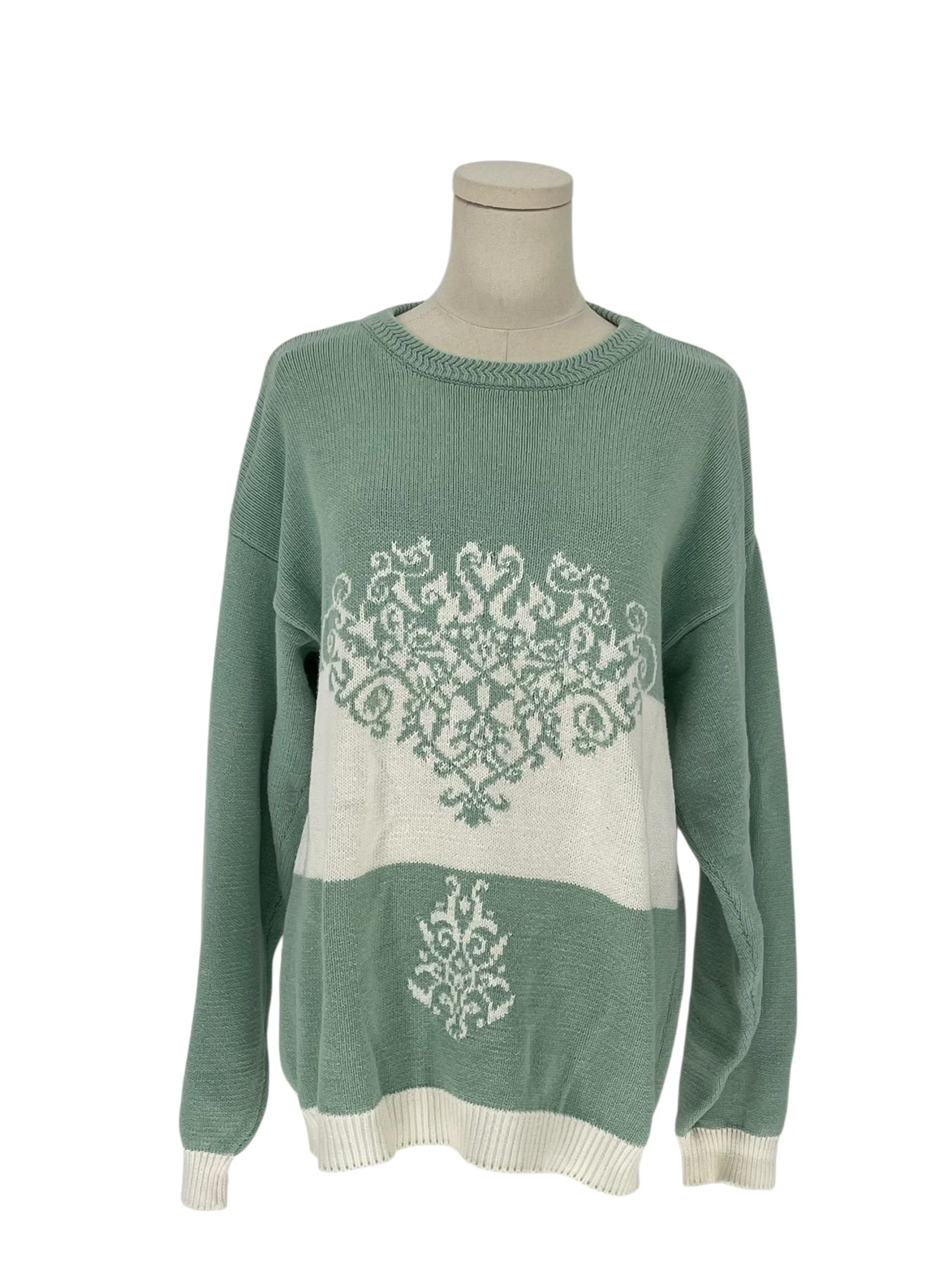 IZOD CLUB Vintage Hand Intarsia Sweater Light Green Cotton (Size L)