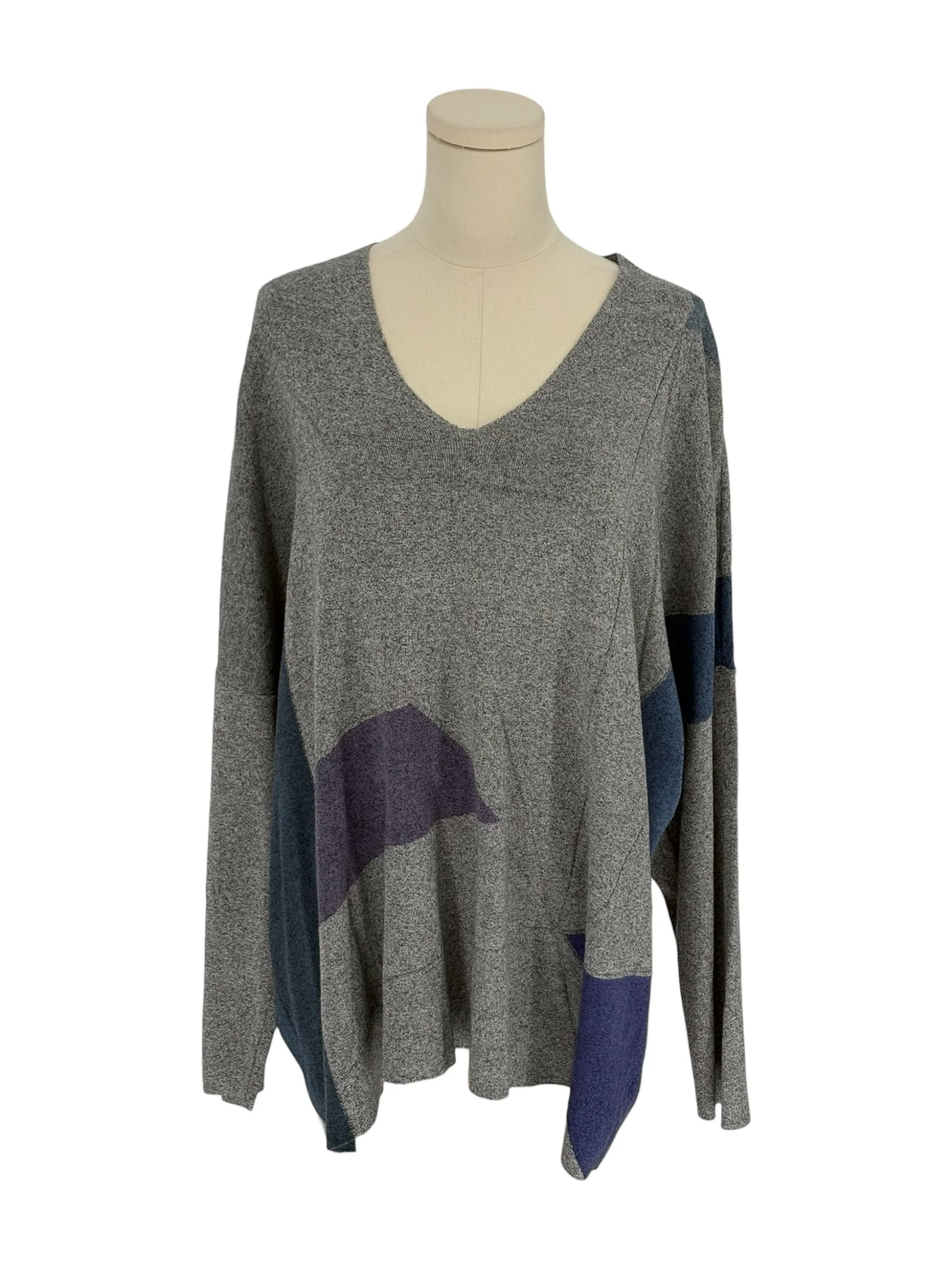 NIC+ZOE Gray Colorblock V-Neck Knit Sweater Blue Purple Intarsia (Size 3X)