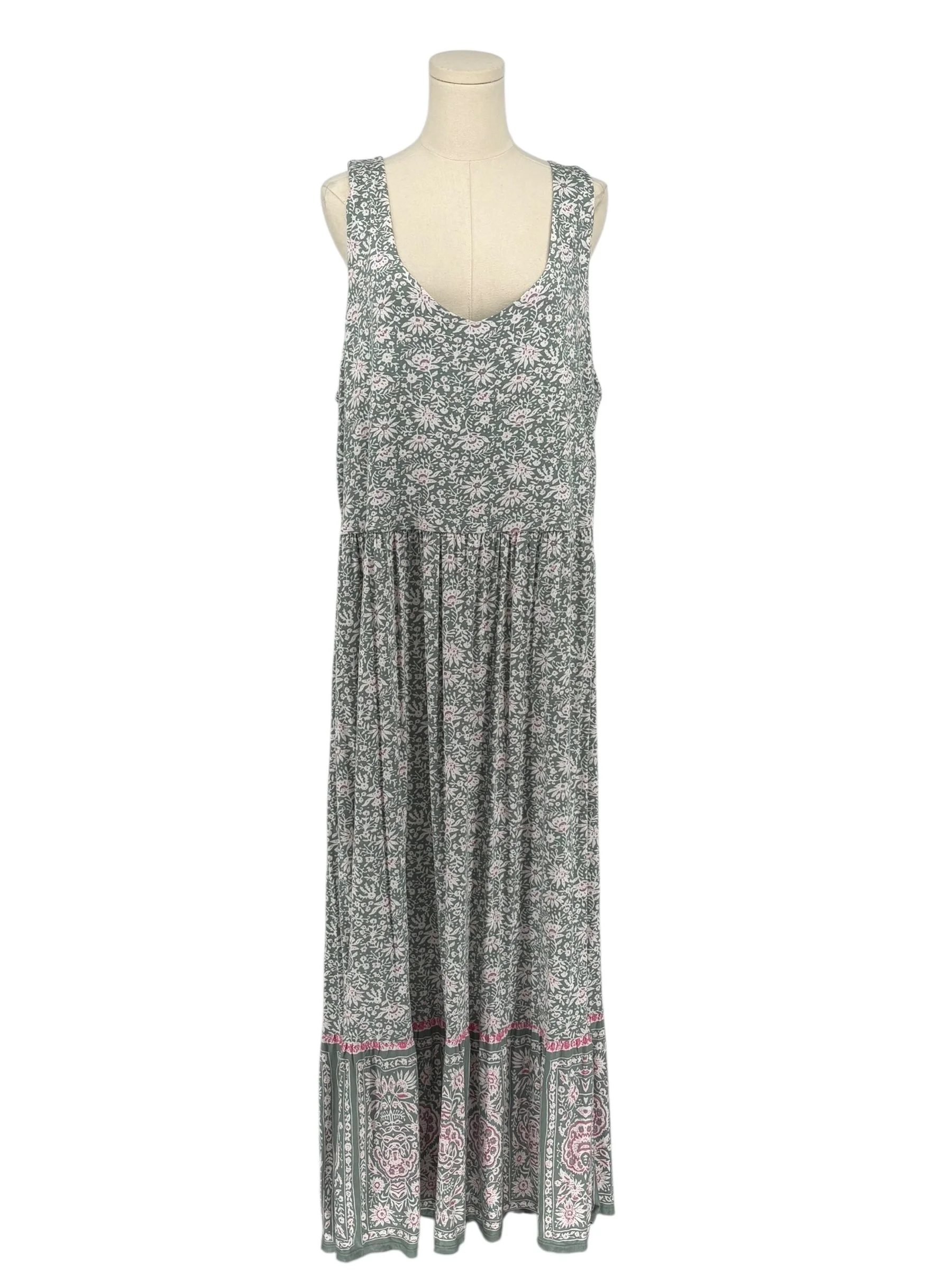 LOFT Beach Maxi Dress Green Floral Print Sleeveless Scoop Neck (Size 24)