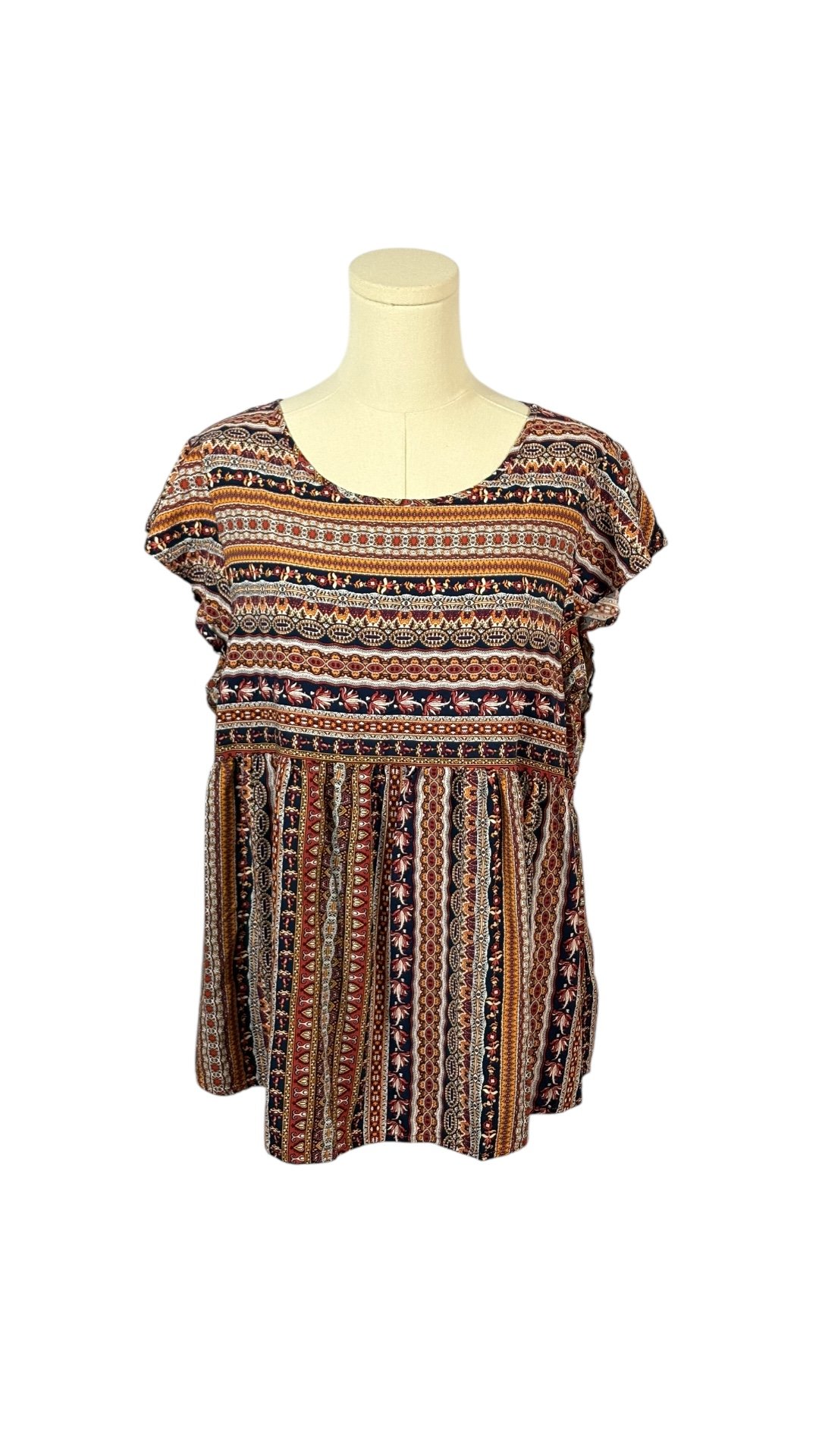 Emery Rose Navy, Yellow, Red, & White Patterned Babydoll Top (Size 2X)