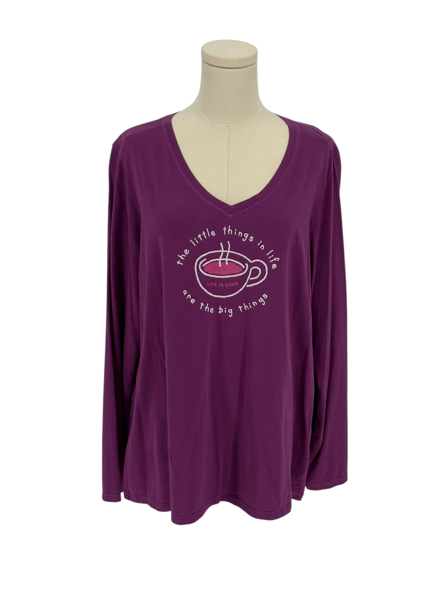 Life is Good Classic Fit Long Sleeve V Neck T Shirt Purple Coffee Graphic (Size XL)