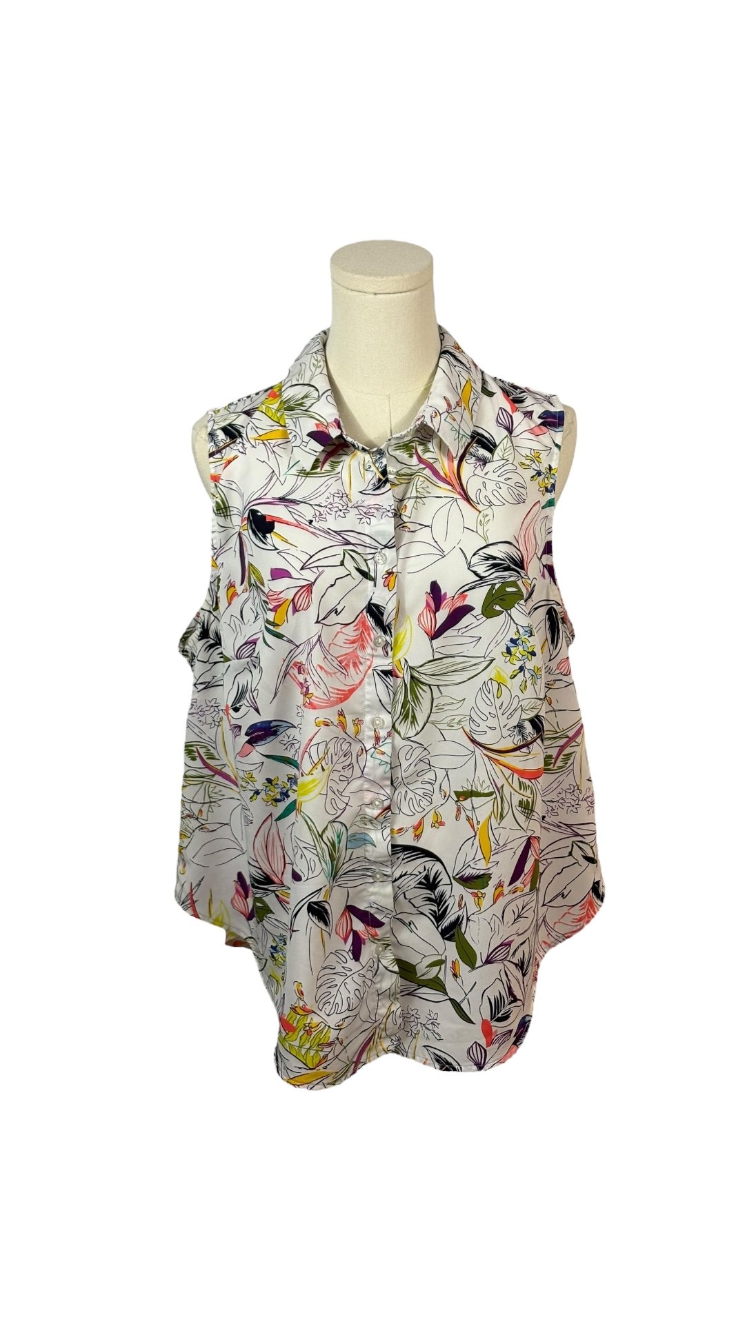 A New Day White Button Up Tank w/ Multicolor Botanical Pattern (Size 1X)