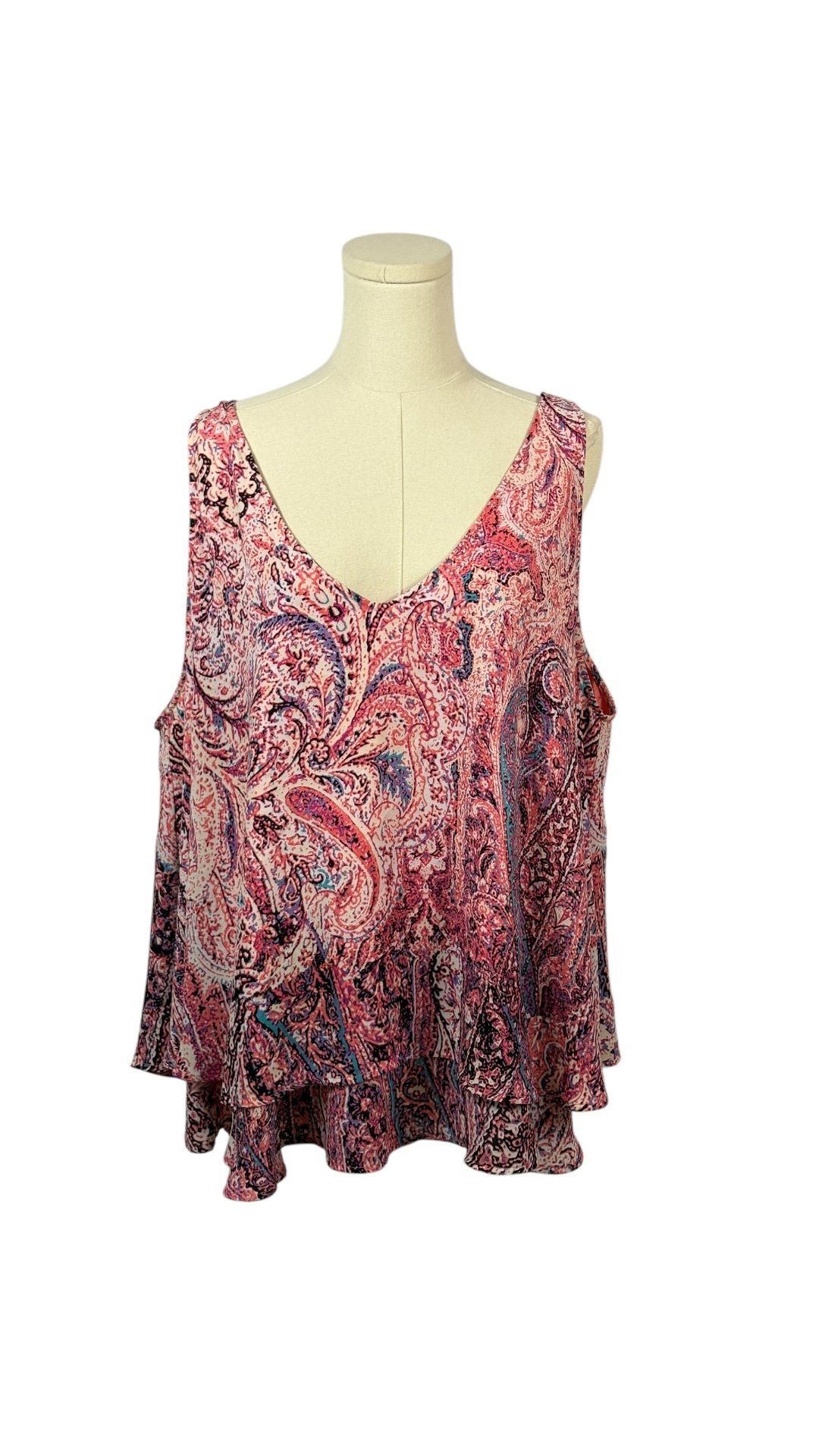 Boutique Pink, White, Purple, & Teal Layered, Flowy V Neck Tank w/ Paisley Print (Size 2X)