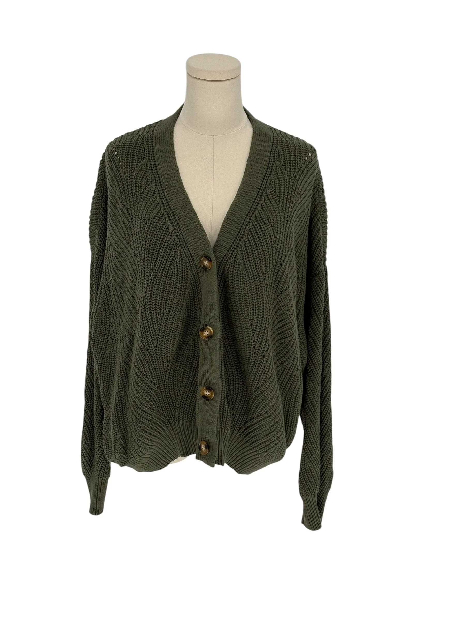 Time and Tru Olive Green Pointelle Knit Cardigan Sweater (Size XXXL)
