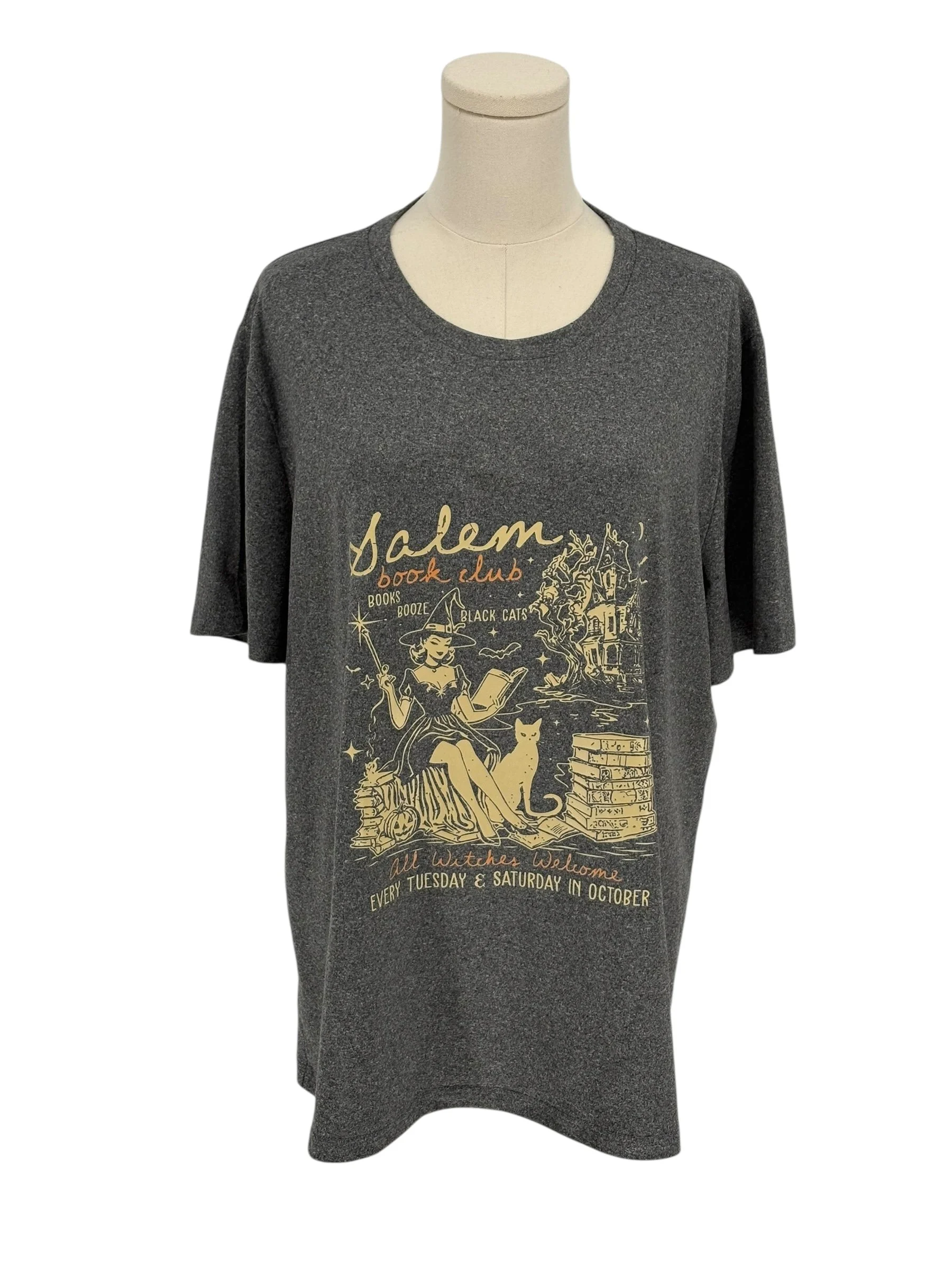 Salem Book Club Graphic T Shirt Gray Witch Cat Halloween Theme (Size XXL)
