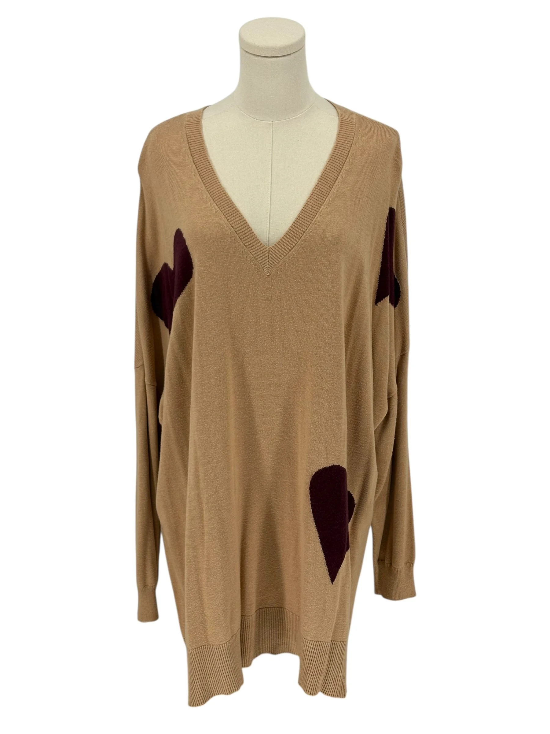 LAURIE FELT V Neck Sweater Tan Brown Heart Applique (Size 3X)