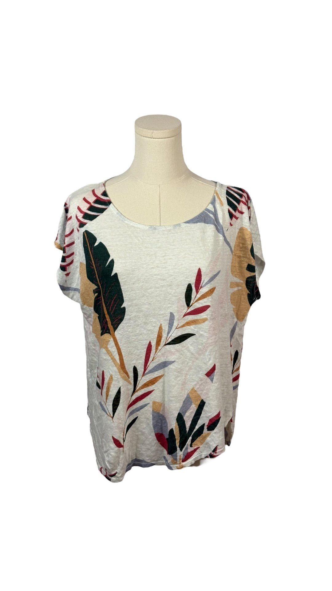 Cynthia Rowley 100% Linen White Tee w/ Tan, Red, Green, & Blue Botanical Print (Size XL)