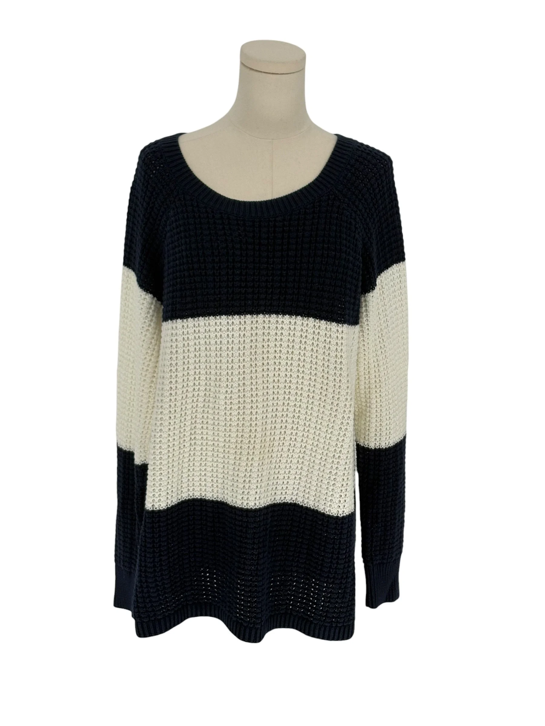 Gap Pop Text Crew Sweater Navy Blue Cream Colorblock Waffle Knit 100% Cotton (Size XL)
