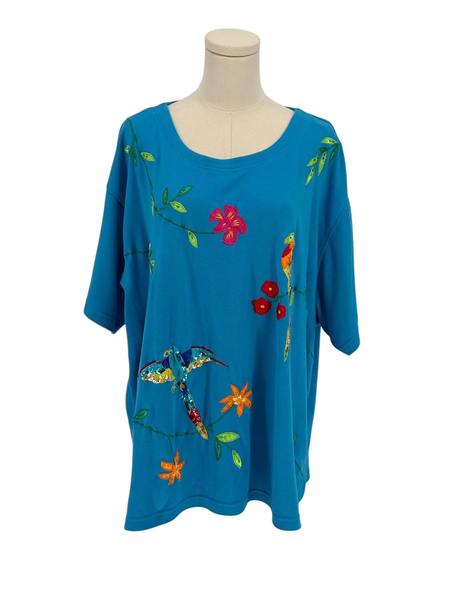 Vintage Paradise Bay Plus Turquoise Bird Floral Embroidered T Shirt Top (Size 3X)