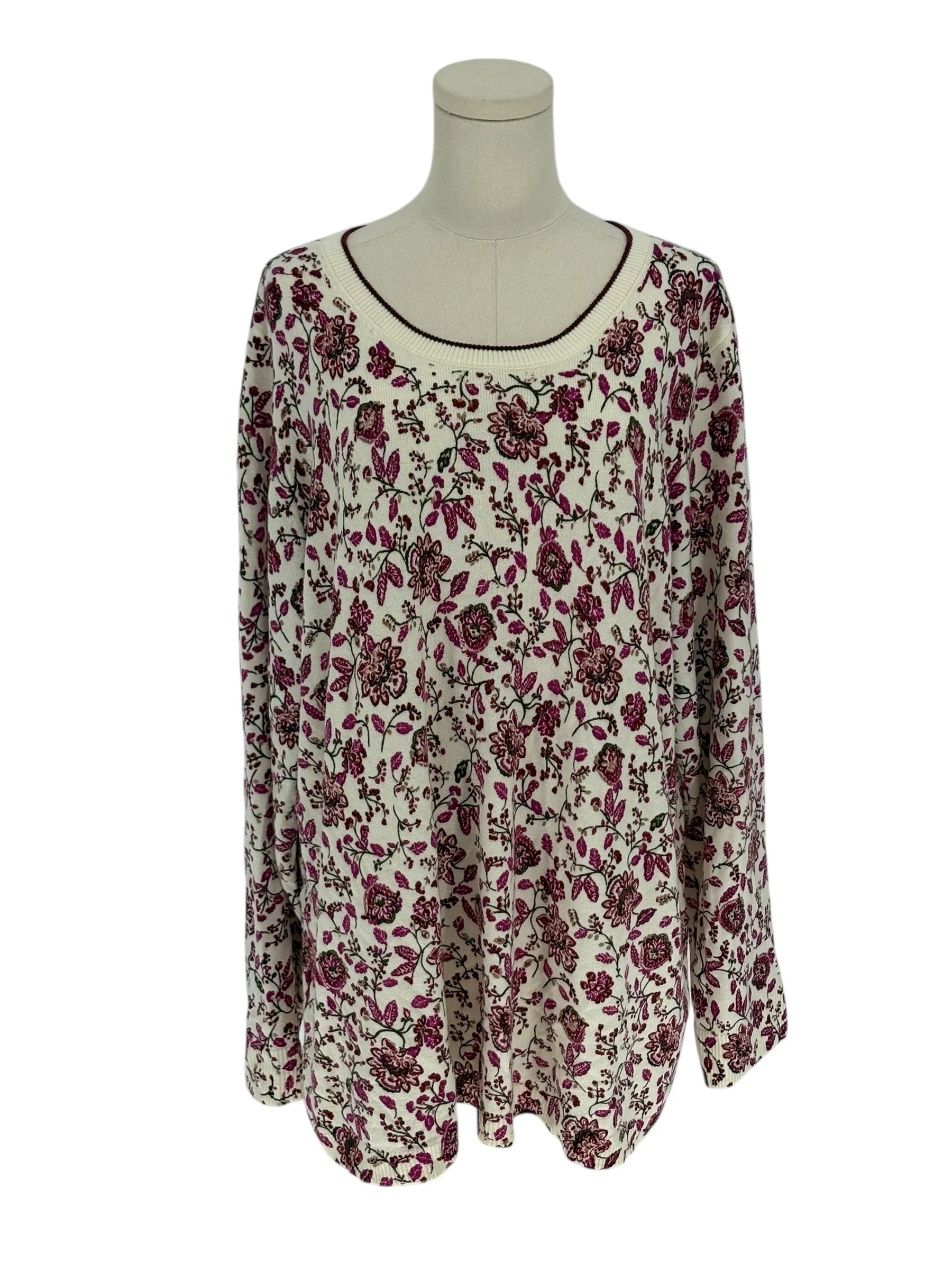 Croft & Barrow Cream Floral Print Long Sleeve Acrylic Sweater Top (Size 2X)