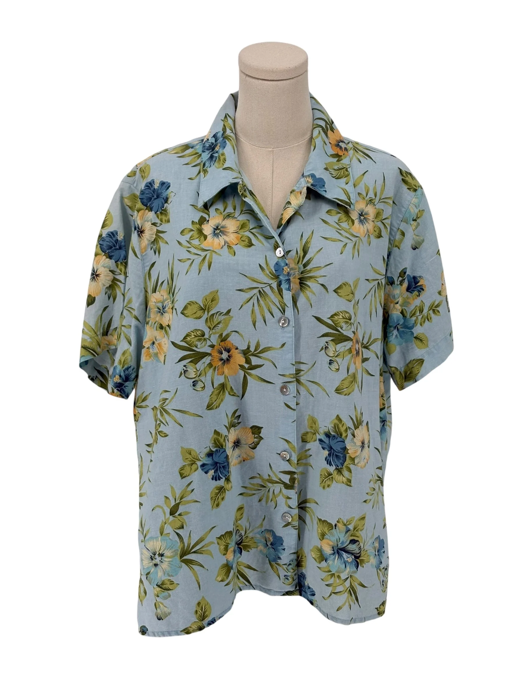 Lemon Grass Tropical Floral Button Down Shirt Linen Blend (Size XL)