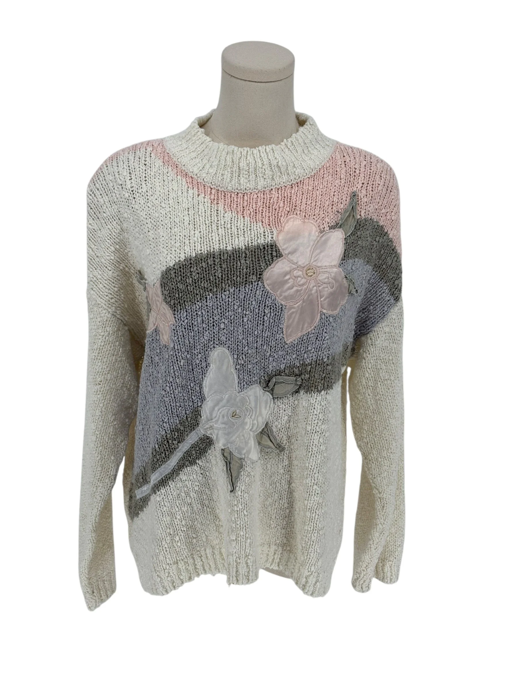 Vintage Colleen's Collectables Women's Cream Floral Applique Knit Mock Neck Sweater (Size L)