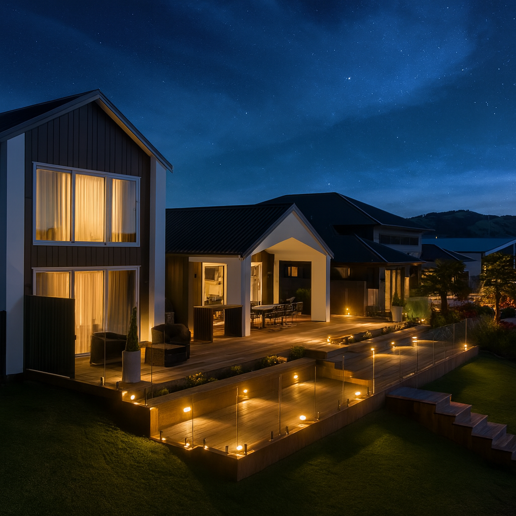 A modern house at night with warm interior lights, a wooden deck illuminated with small lights, and a starry sky overhead.