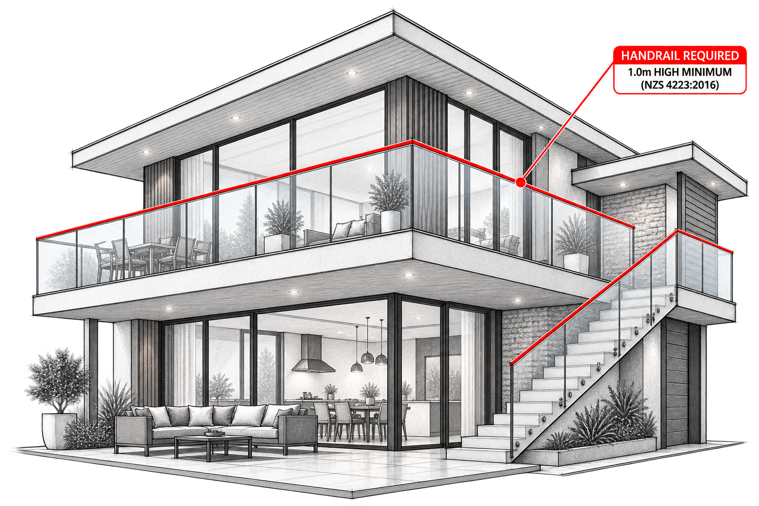 Black and white architectural illustration of a modern multi-story house with glass railings, outdoor stairs, and interior visible through large windows, overlaid with a red line indicating the required height for handrails.