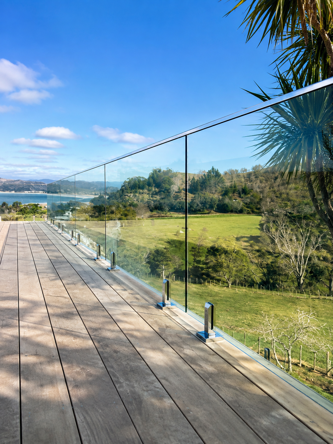 Wooden balcony with glass railing overlooking a green landscape with trees and hills under a blue sky with clouds.