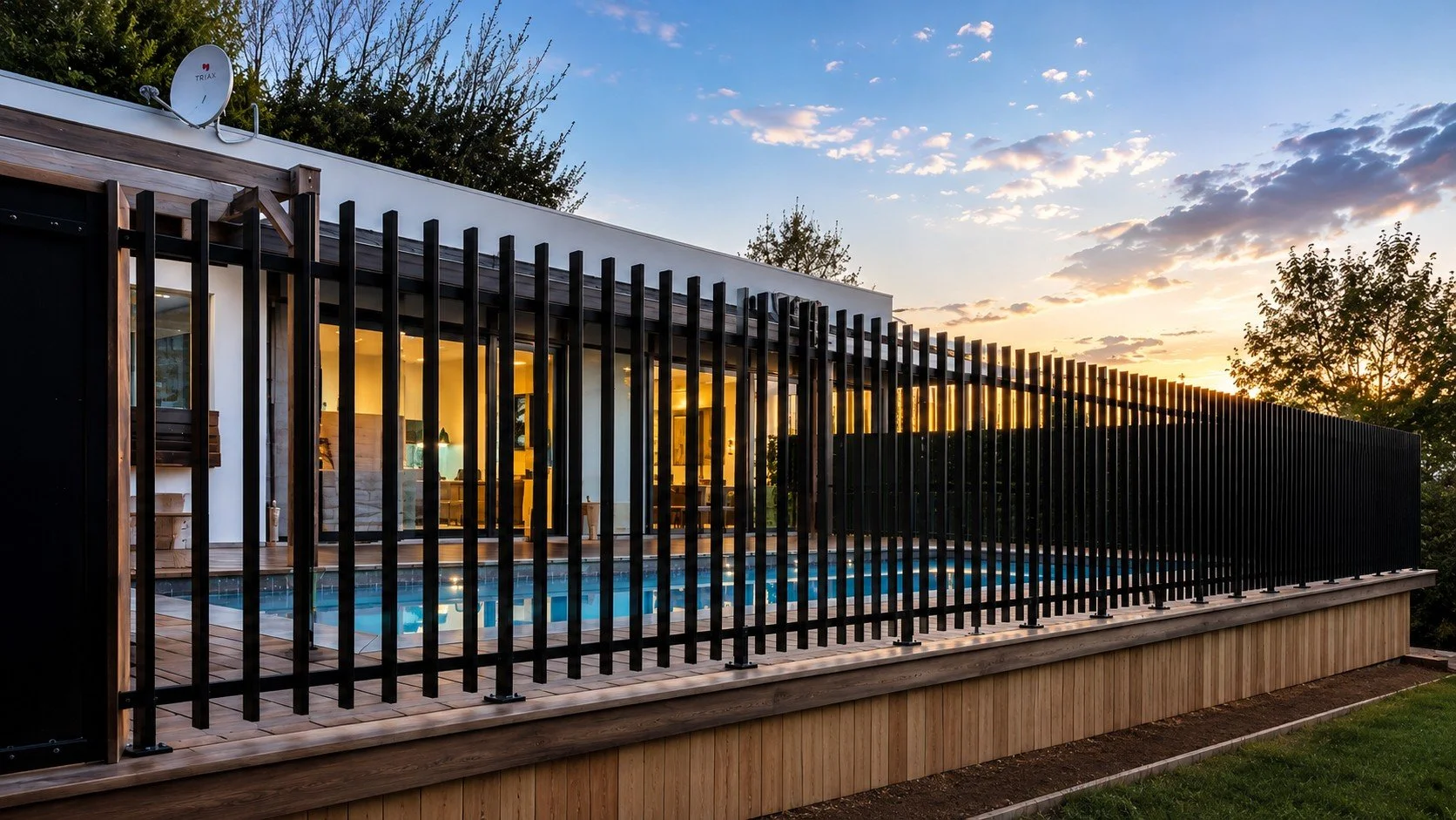 Black vertical slat aluminium pool fence at sunset, Auckland