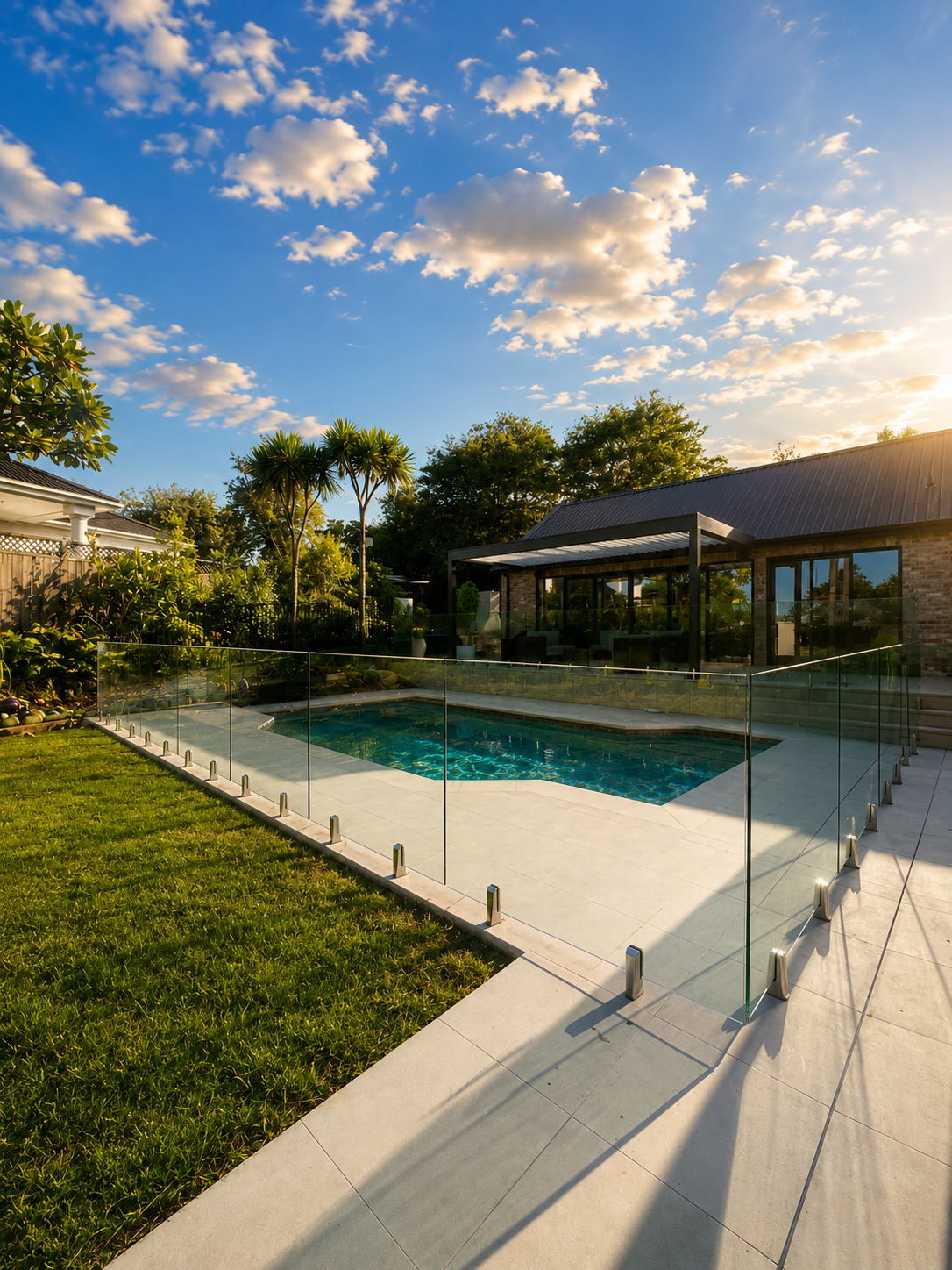 Residential backyard with swimming pool, glass fence, green lawn, trees, and modern house under a blue sky with clouds.