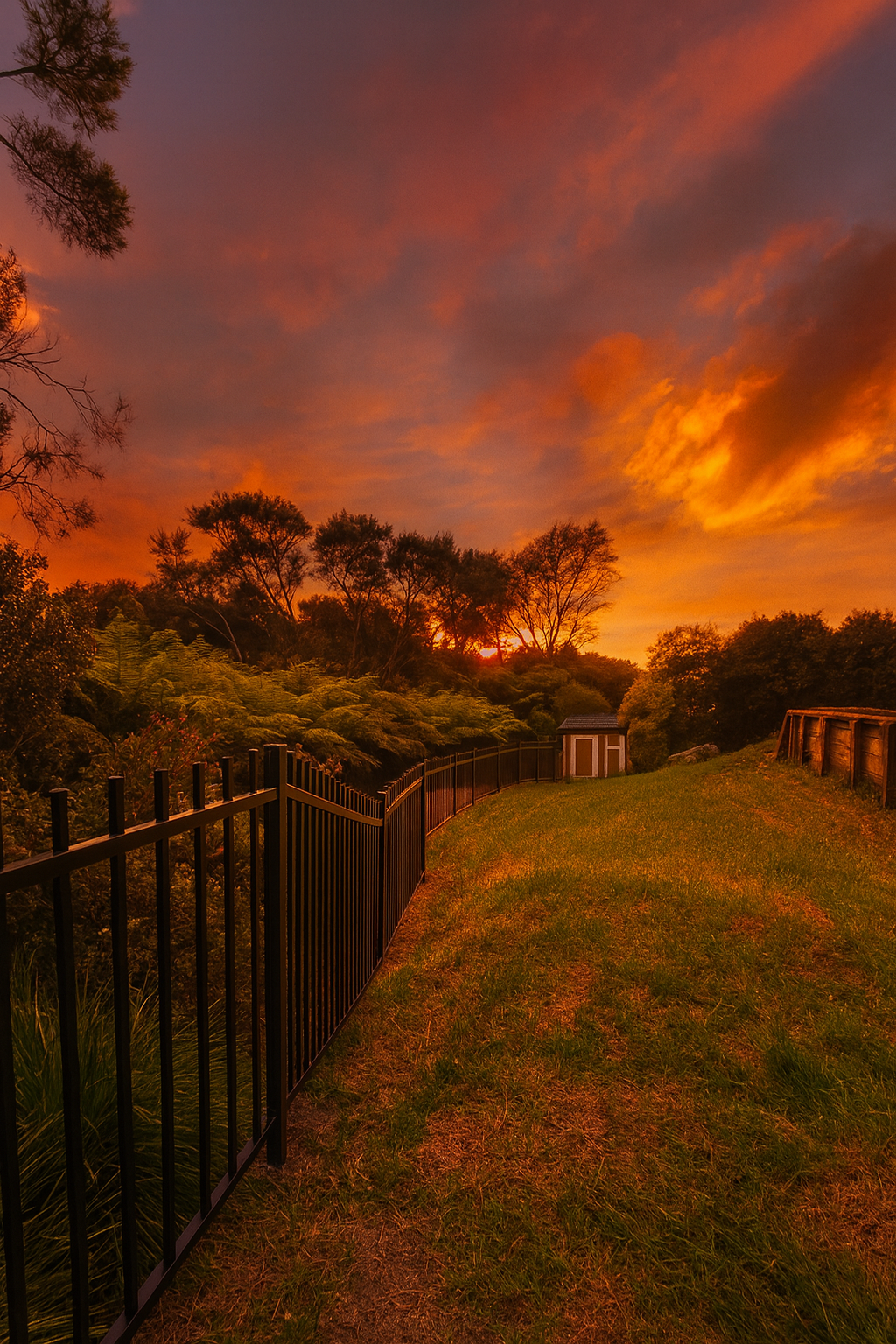 A sunset over a grassy yard with a black metal fence, trees, and a small shed in the background.