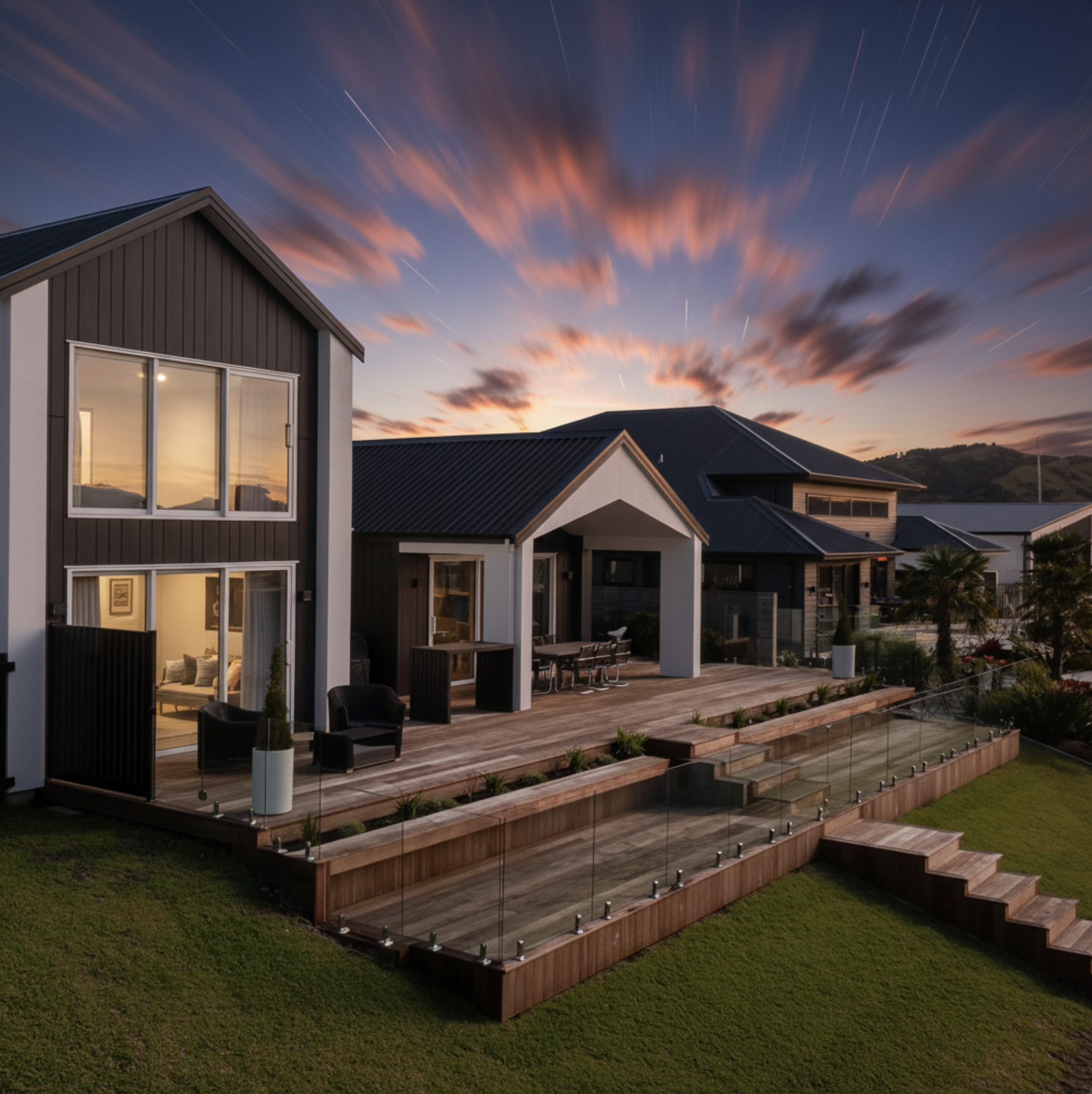 Modern house with wooden deck, outdoor seating, and glass railing, during sunset with colorful clouds and star trails.