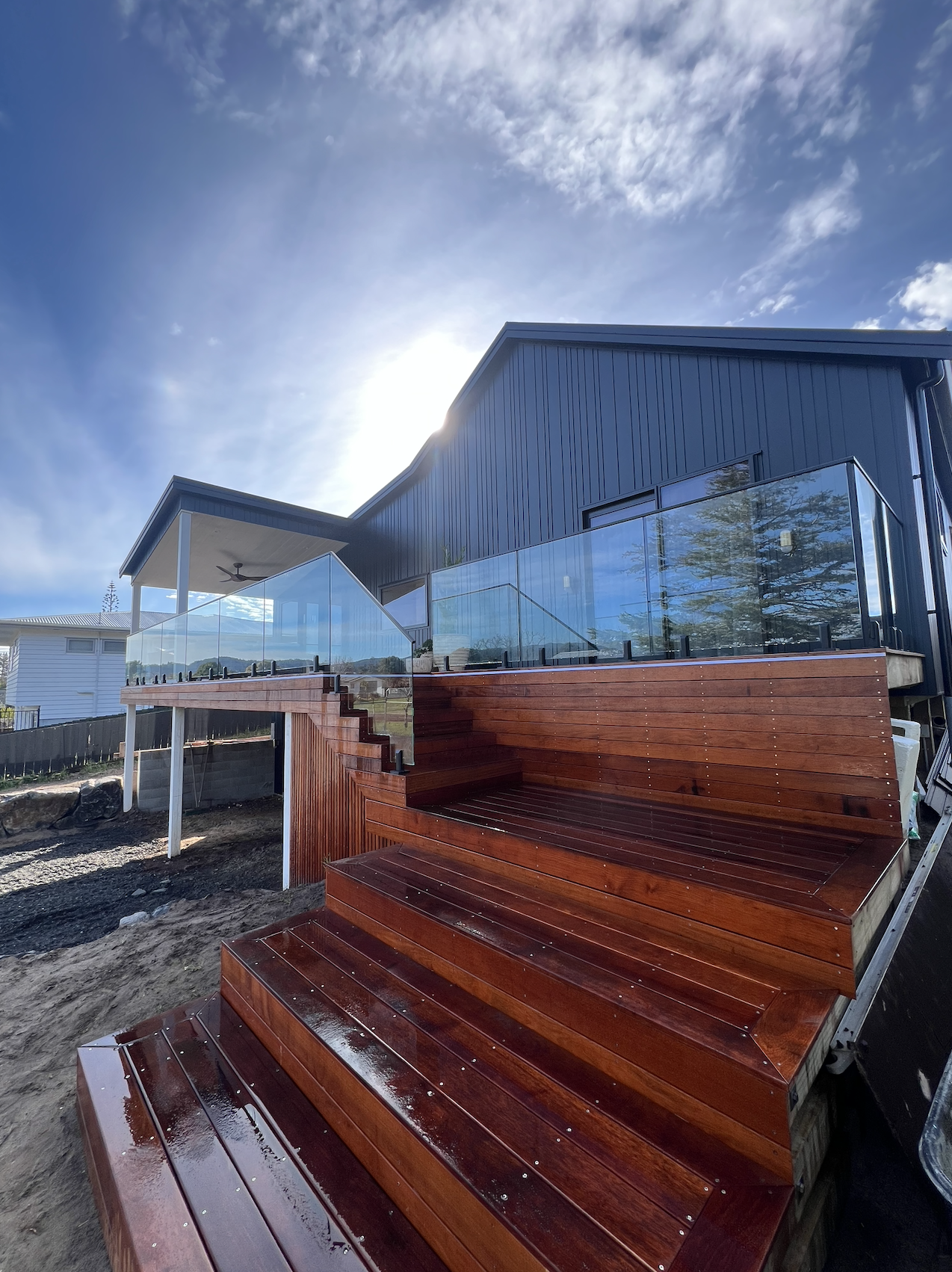 Custom glass balustrade with stainless steel spigots Pauanui NZ