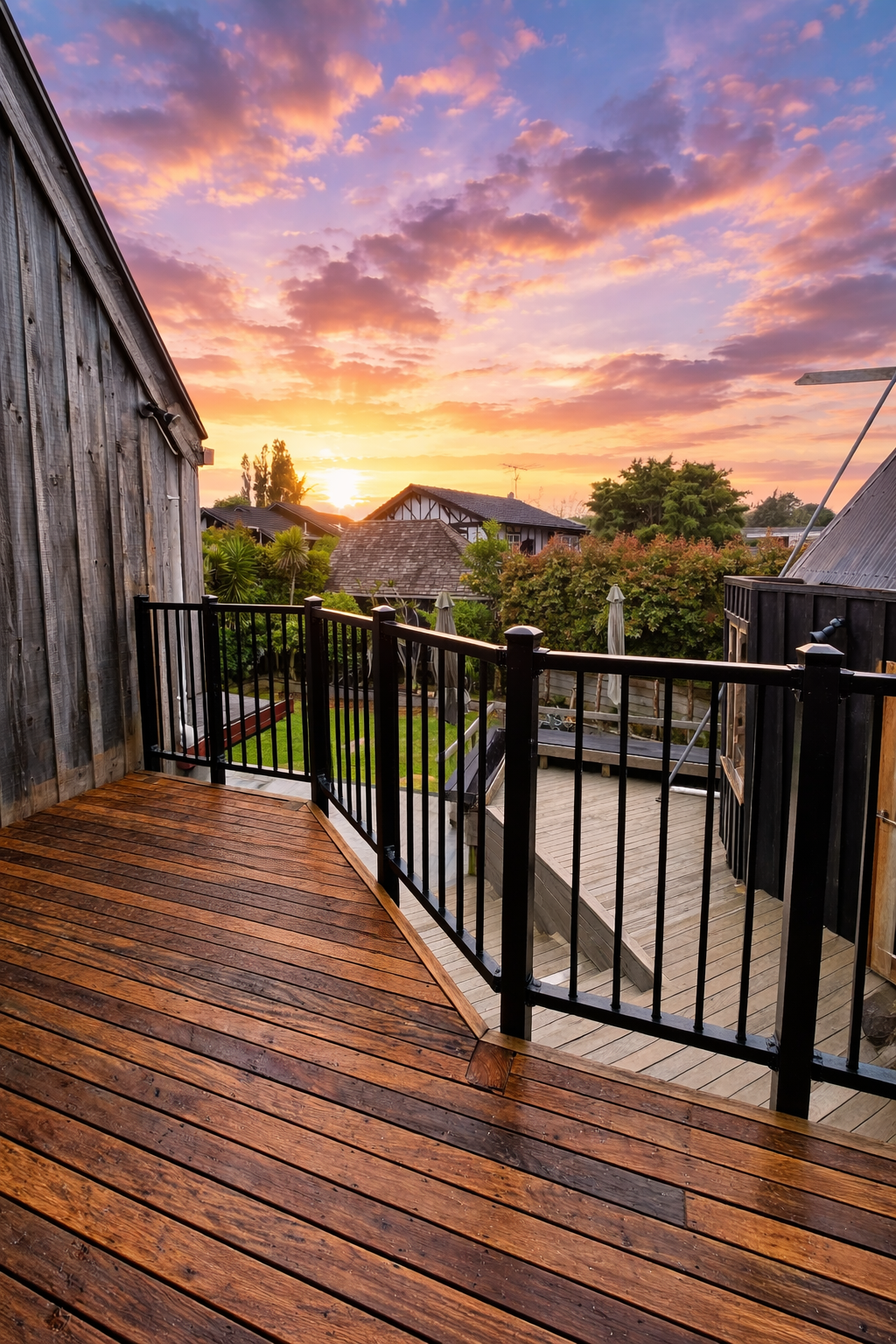 Wooden deck at sunset with railing, trees, and houses in the background under a colorful sky.