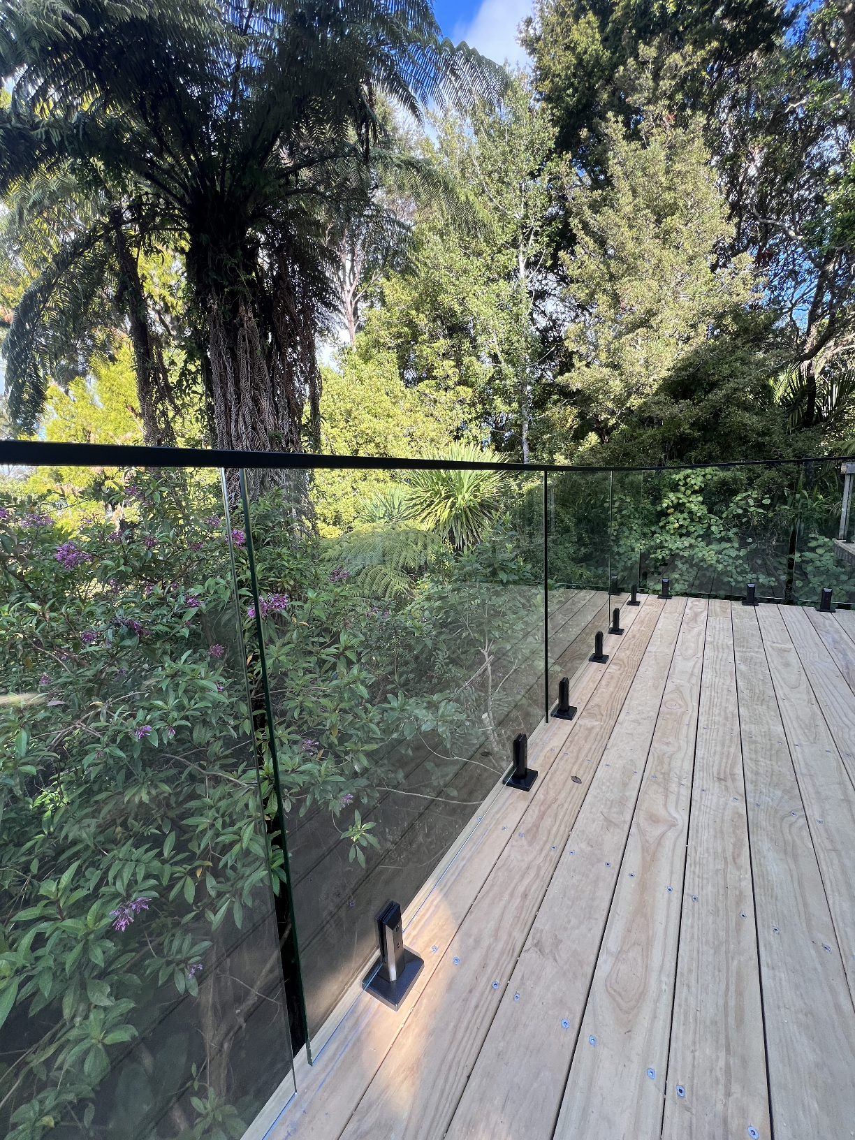 A wooden deck with a glass railing overlooks a lush, green forest with tall trees and dense foliage under a blue sky.