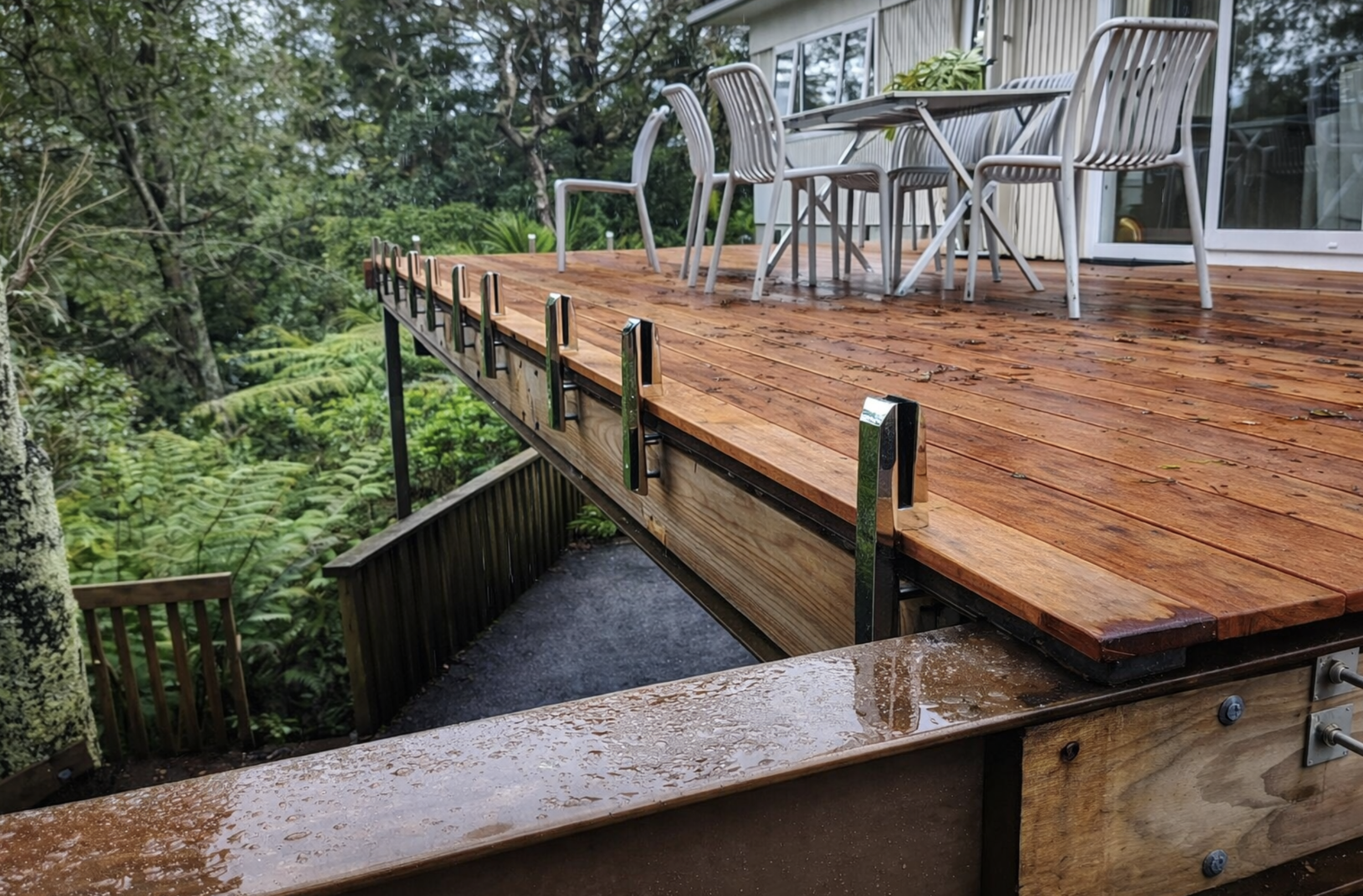 Wooden deck with outdoor table and chairs, lush green trees and house with sliding glass doors in the background.