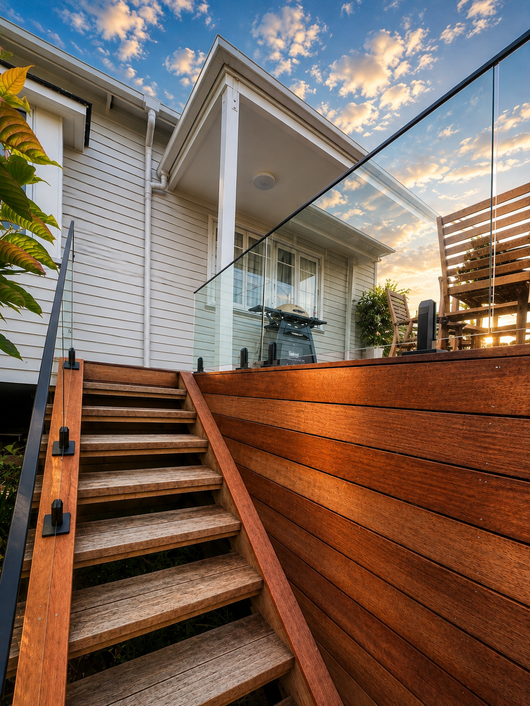 Wooden stairs leading to a backyard patio with glass railing, outdoor furniture, and a barbecue grill at sunset.