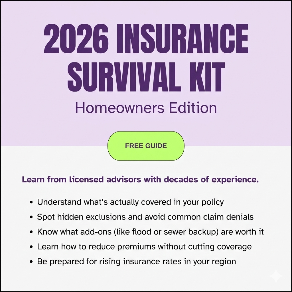 A promotional image for a free guide on 2025 insurance survival kit for homeowners, featuring a purple title, a green 'Free Guide' button, and bullet points on learning and understanding insurance policies.