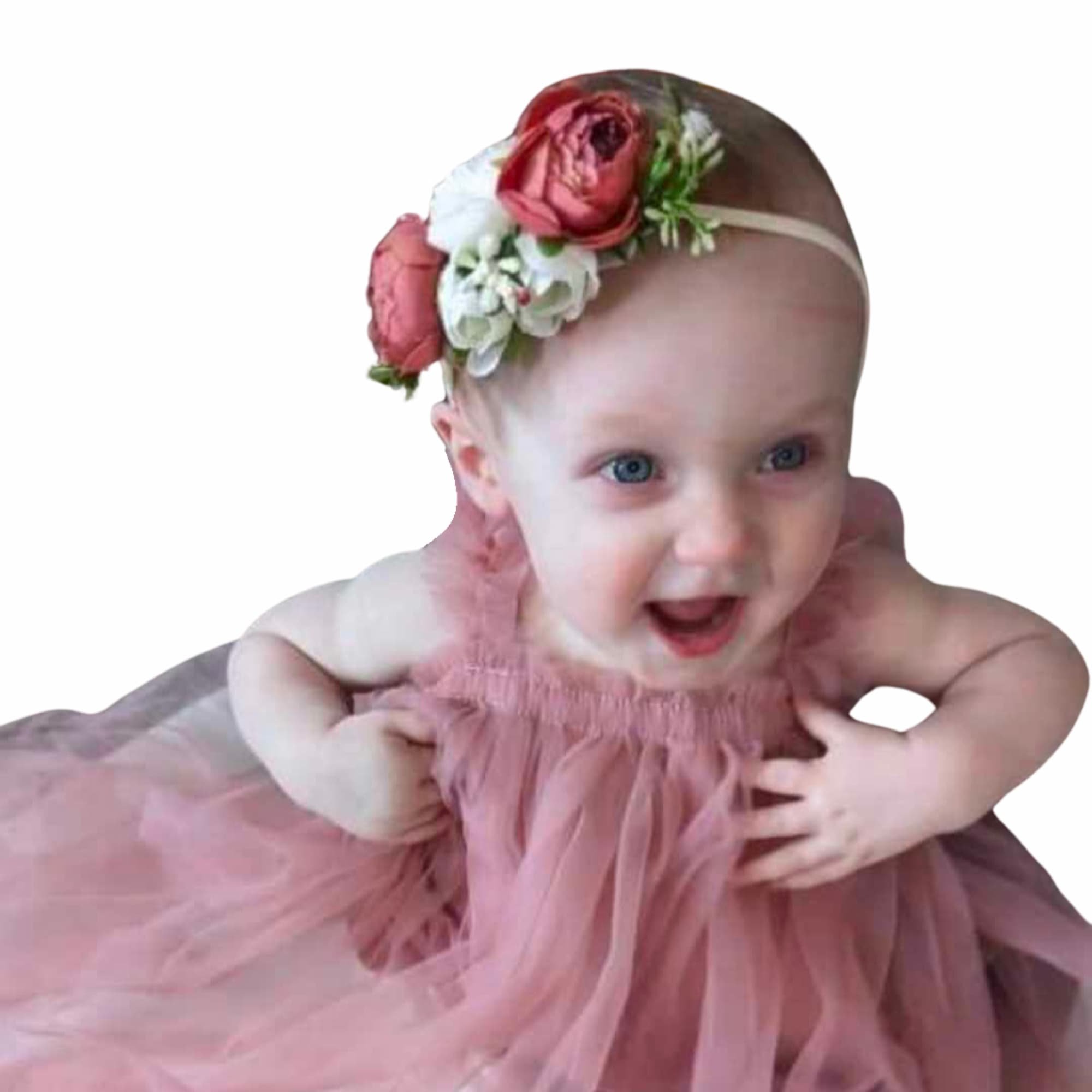 Smiling baby wearing a pink dress and flower headband
