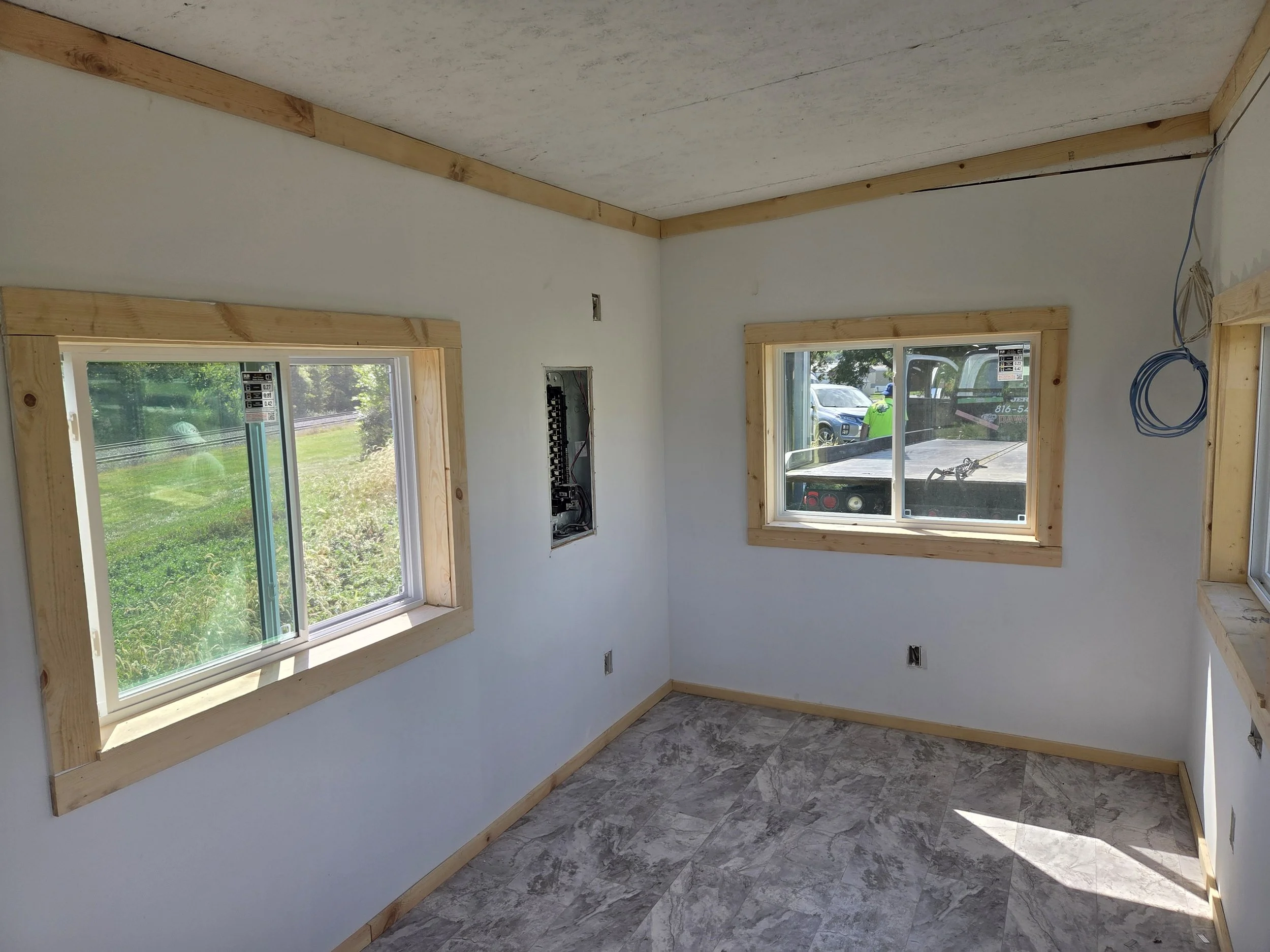 Portable Office / Recreation Room - Interior with 100 AMP Electrical Panel, Outlets, Lights, Exterior Lights, Generator Plug, Service Tie in Box