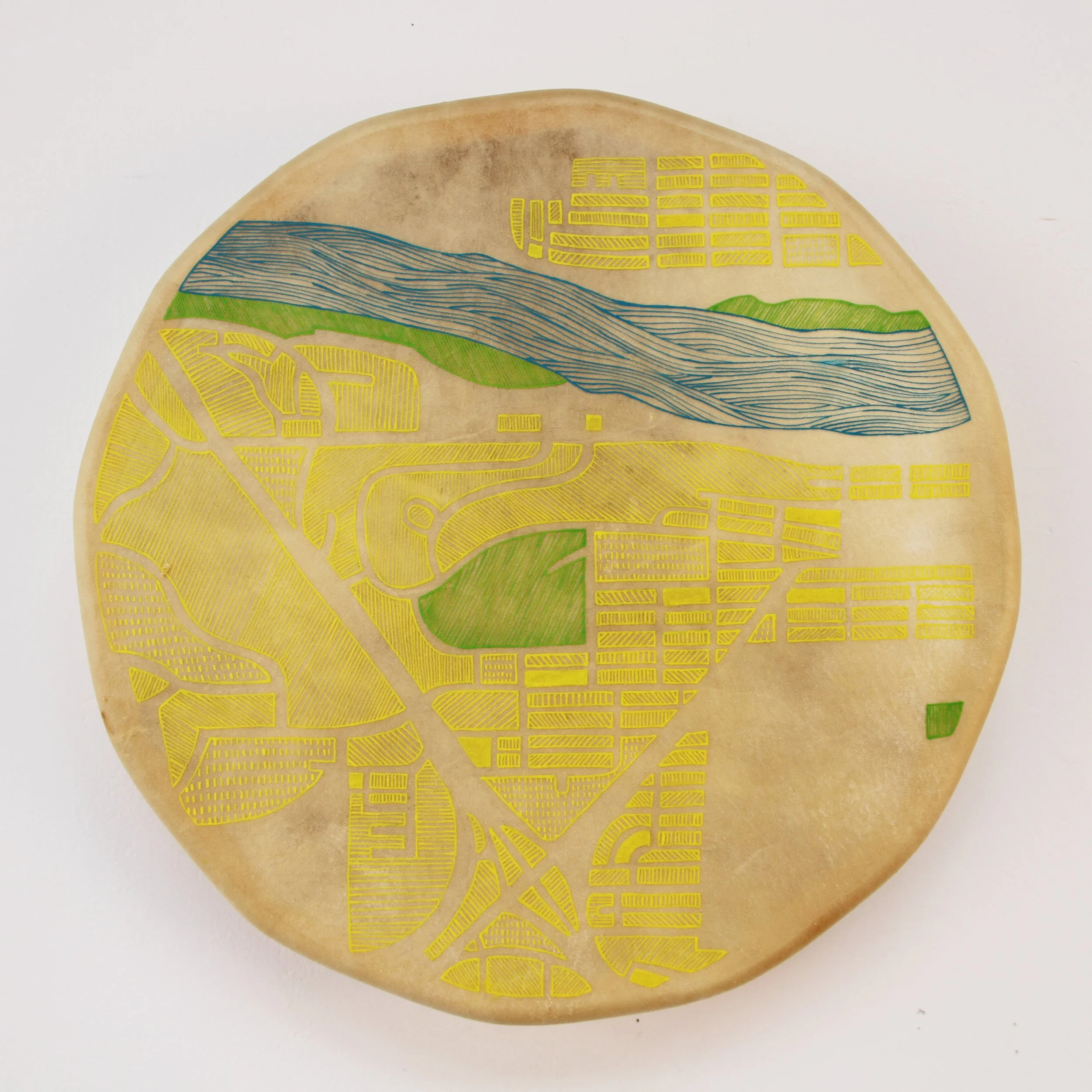 Map of Medicine Hat drawn on deer hide drum