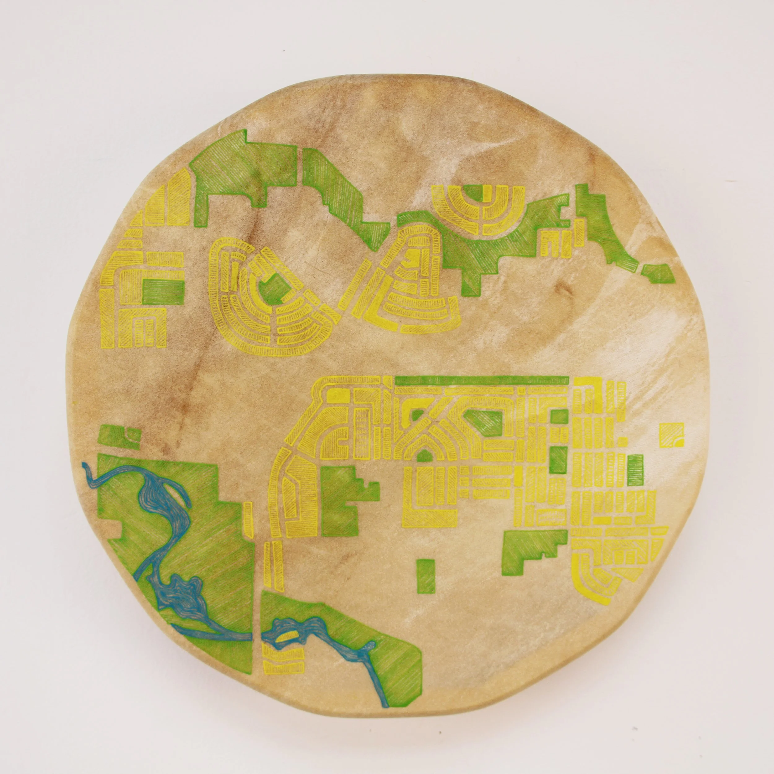 Map of Regina drawn on deer hide drum