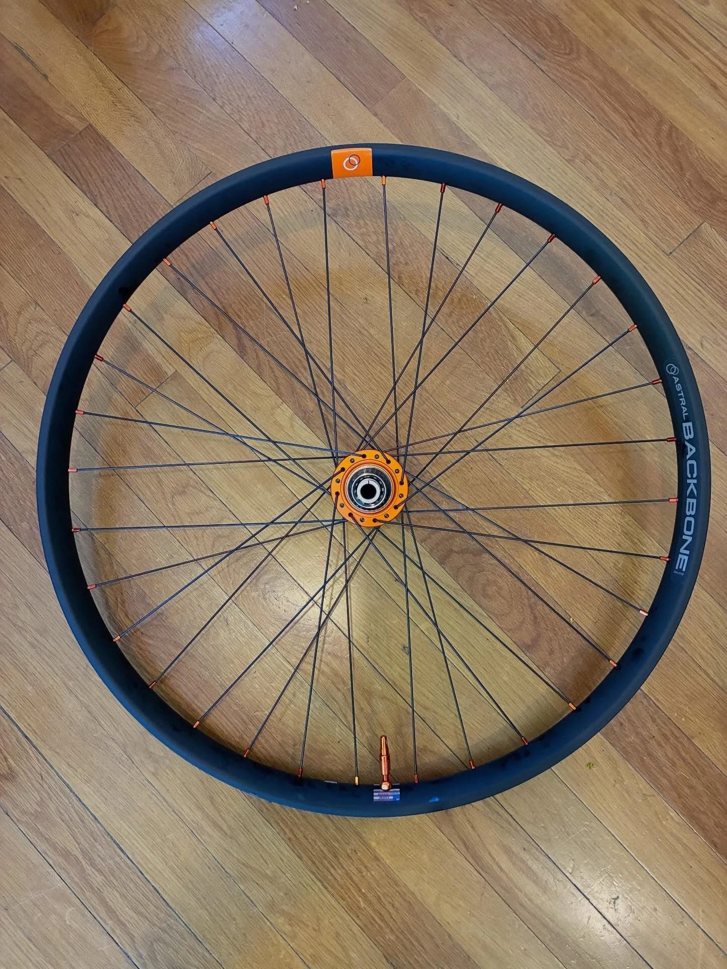 This wheel will be seen this weekend on our local trails. Chris King rear hub laced to an Astral Cycling Backbone 27.5 rim. This will be going on a Orbea Rallon set up as a mullet (29 inch front, 27.5 rear) #vernbuiltwheels #handbuiltwheelsarebetter 