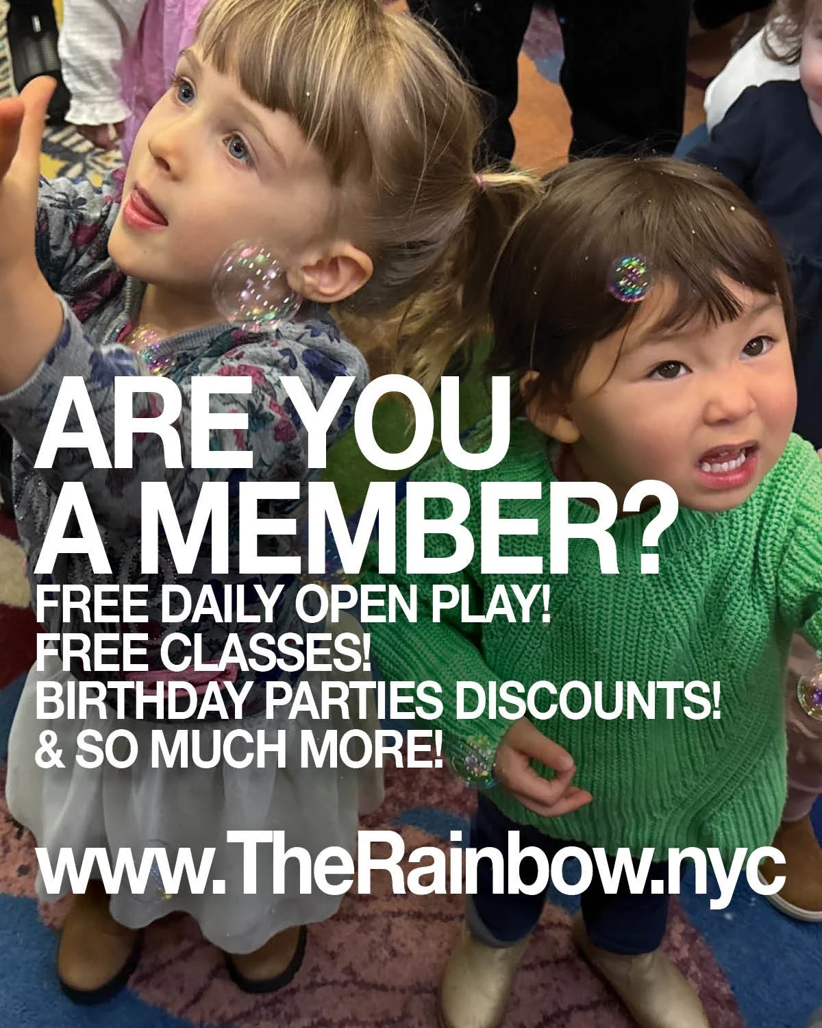 Are you a member? Free daily open play! Special meetups and classes! Discounts on Birthday Parties! And many more perks! Join the funnest children&rsquo;s indoor play space in the world (or the East Village)!

www.TheRainbowNYC.com/membership

MEMBER