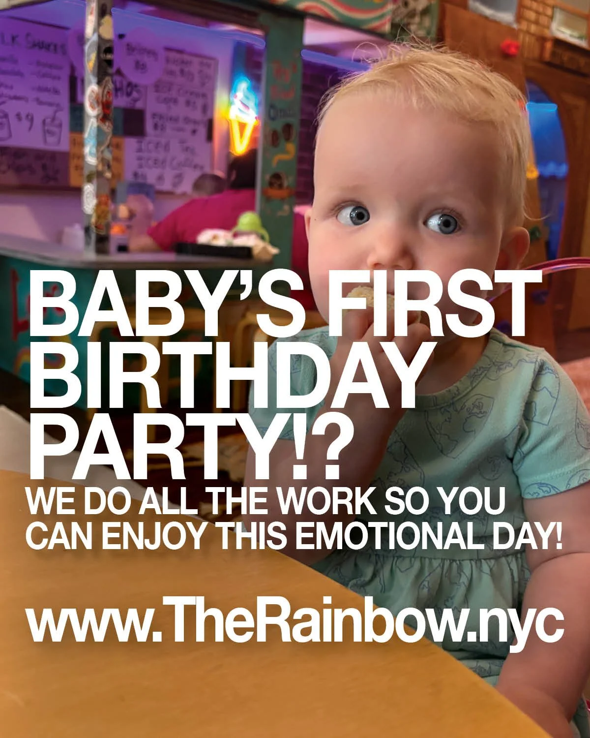 Baby&rsquo;s first birthday party!? We do all the work so you can enjoy this emotional day! The Rainbow Play Space has you covered! We have princess, firetrucks, trains, rainbows and unicorns, and jungle animal party themes!

www.TheRainbowNYC.com/pa