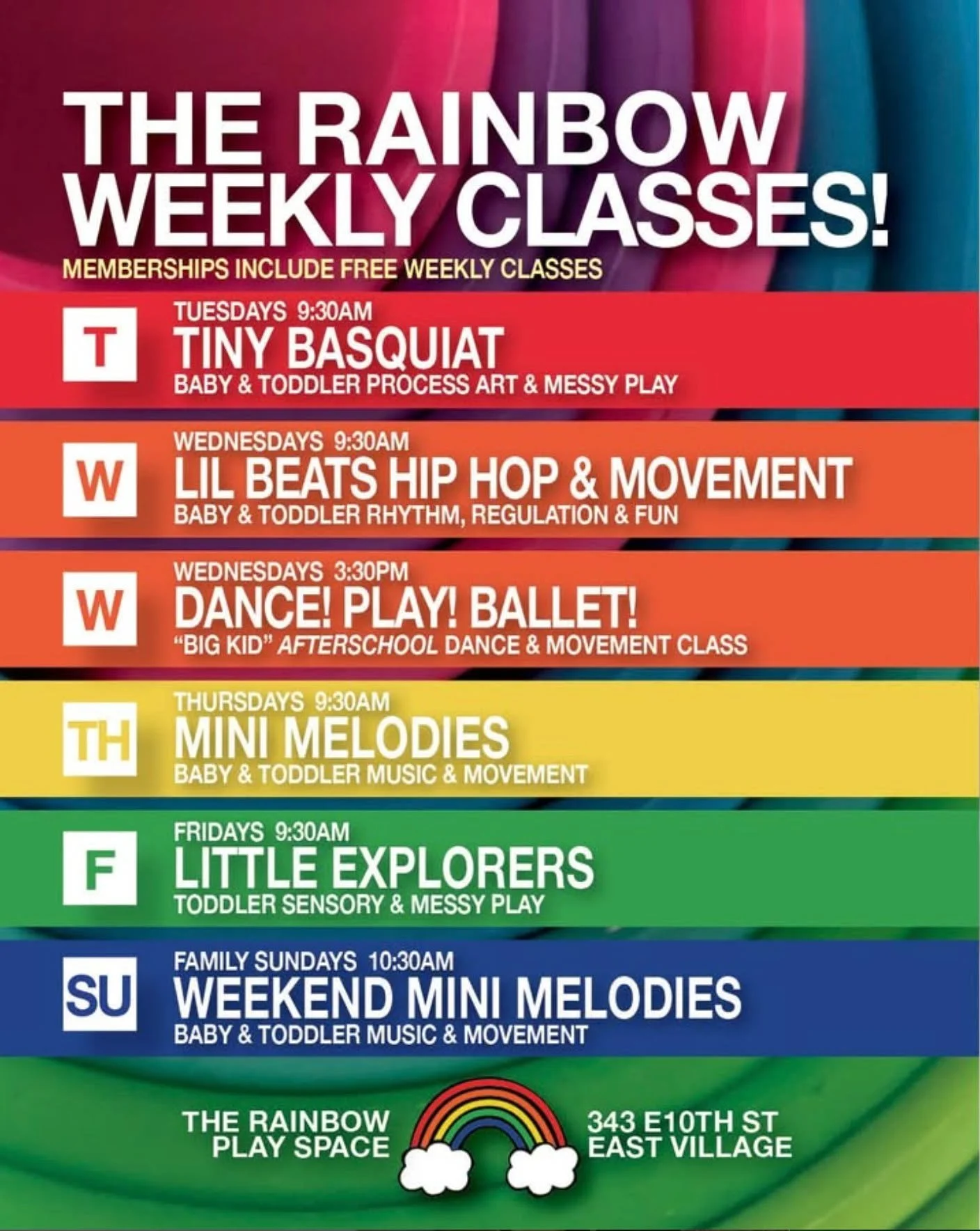 THE RAINBOW PLAY SPACE ENRICHMENT KID&rsquo;S CLASSES AND ACTIVITIES IN THE EAST VILLAGE!
Memberships include free weekly classes. Fun for the whole family!

Tuesdays 9:30AM
TINY BASQUIAT
BABY &amp; TODDLER PROCESS ART CLASS &amp; MESSY PLAY

Tuesday