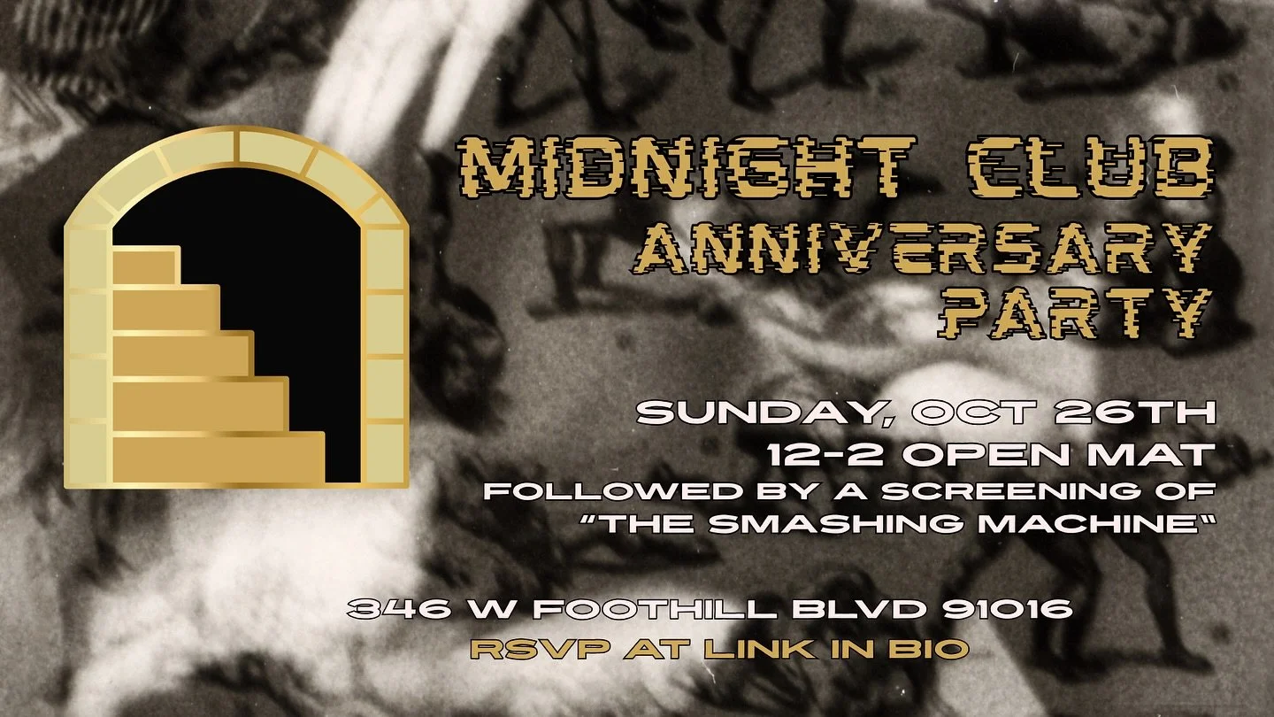 ONE YEAR ANNIVERSARY! CruzZzZz out to our Open Mat Party to celebrate one year of scrapping, growing, building, bleeding, and living.

There will be a 2 hour community-wide open mat followed by a screening of The Smashing Machine (2002)*. We&rsquo;ll