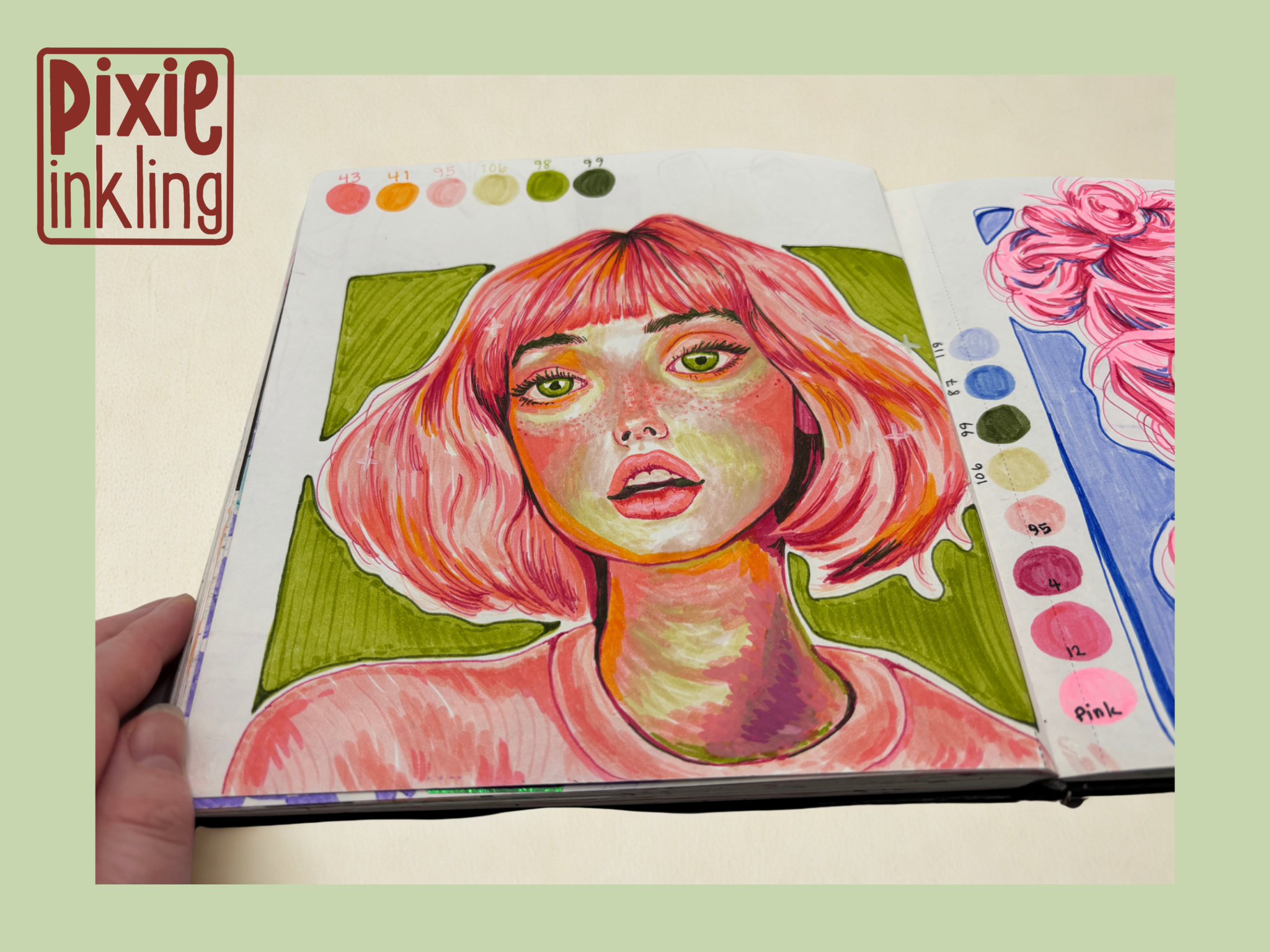 Colorful illustration of a girl with pink hair and green eyes, surrounded by green leaves, with a palette of paint colors at the top and a vibrant, floral right side.