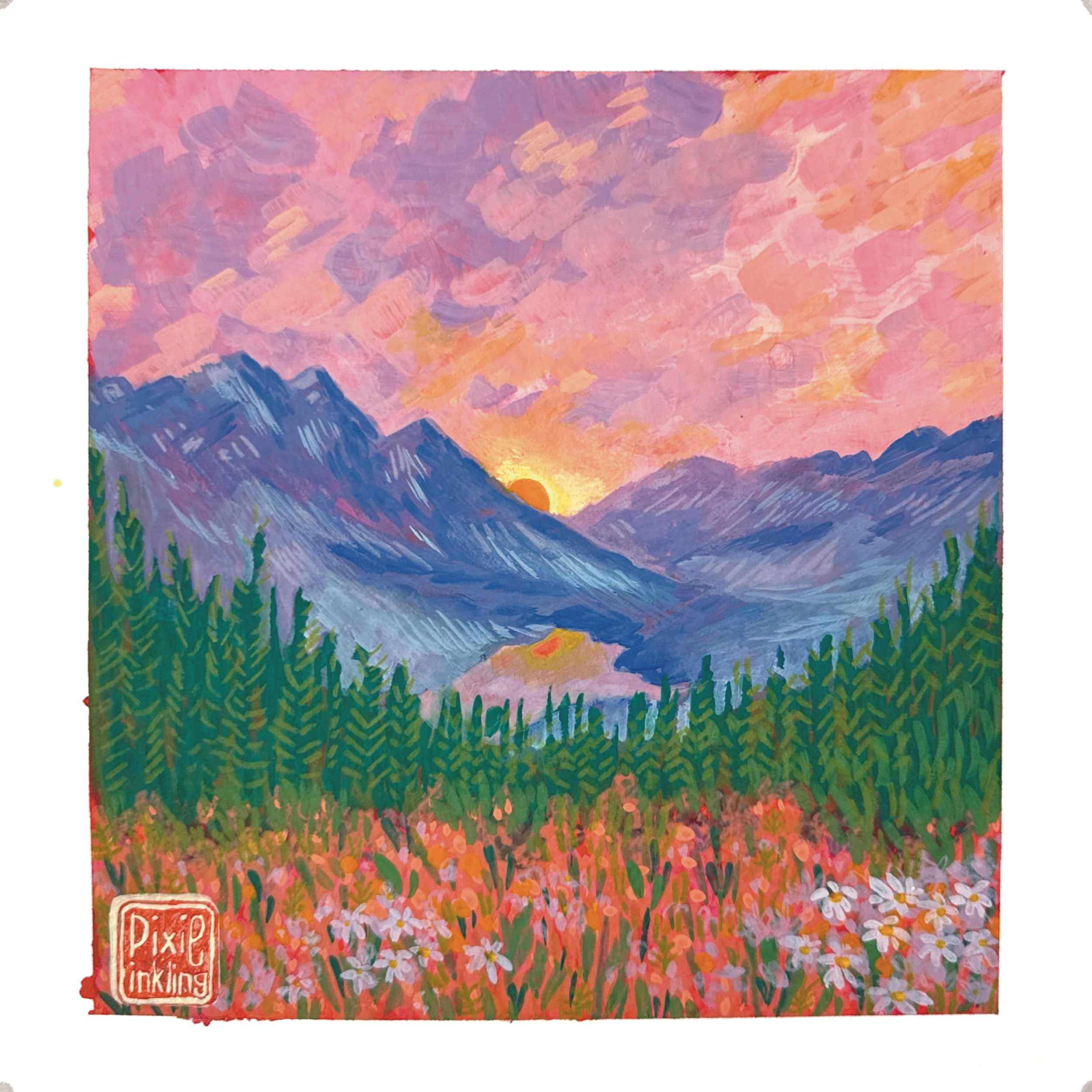 Montana Sunset Original Painting - 8x8 Framed