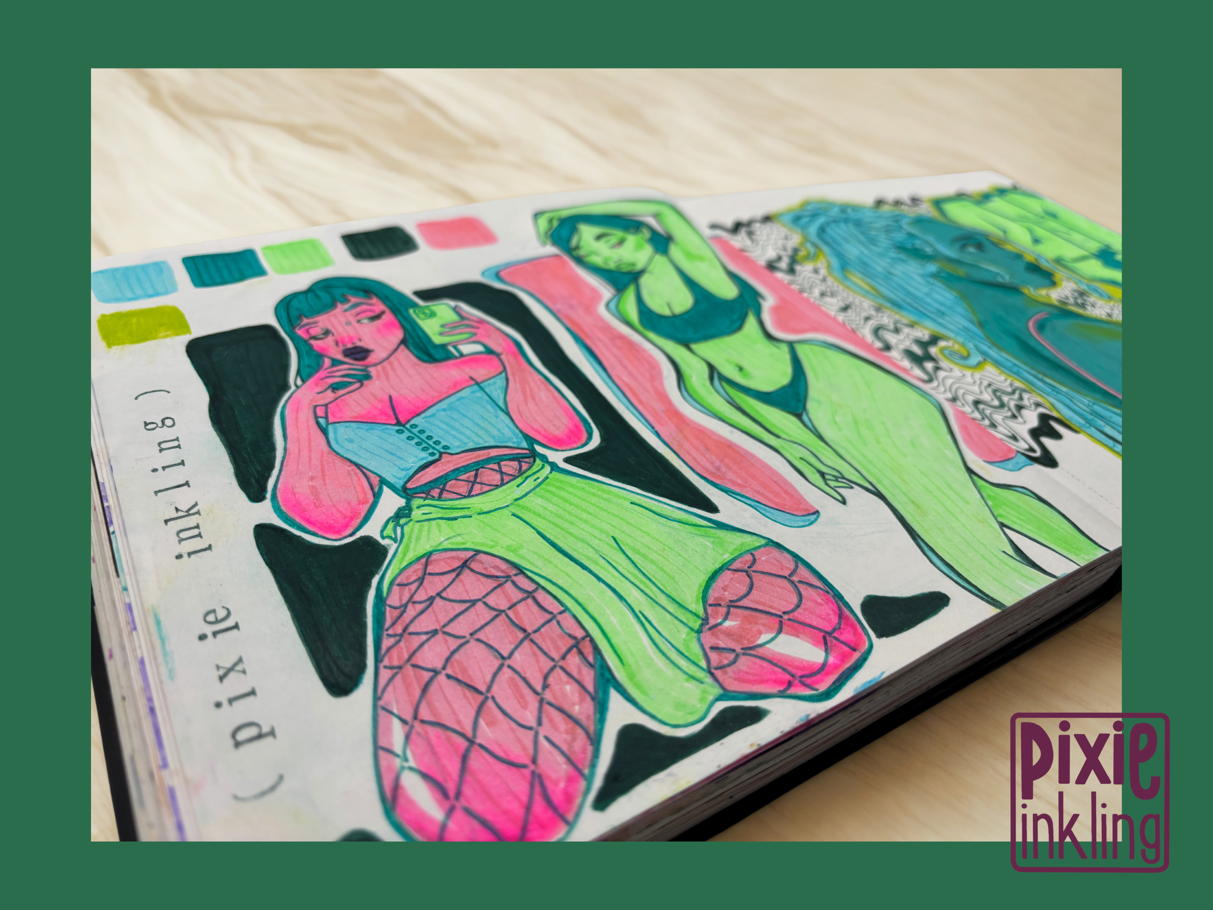 Colorful drawing of three women in swimwear with vibrant colors and bold outlines, surrounded by a rainbow of squares at the top, on a piece of paper on a wooden surface.