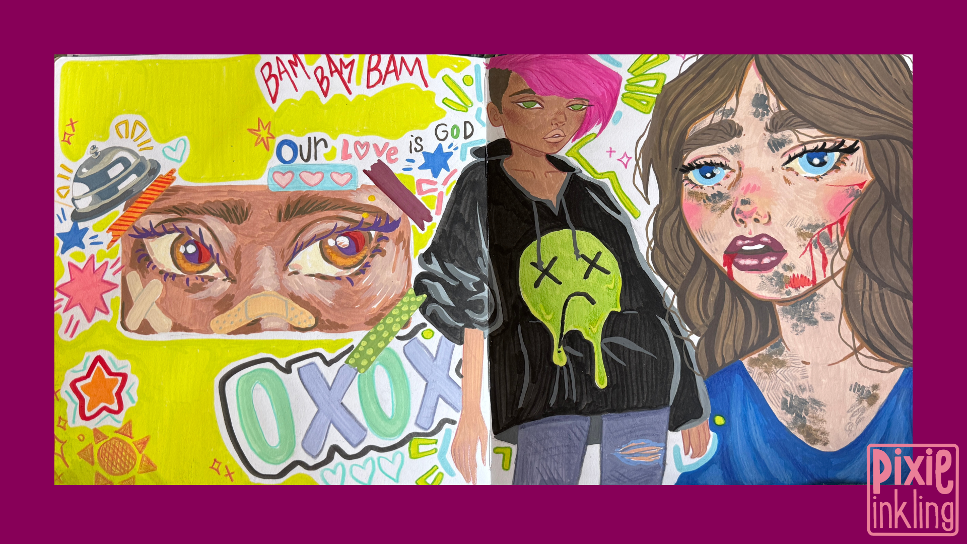 A colorful collage featuring a cartoonish portrait of a woman with bright pink hair, another woman with brown hair and blue eyes with face makeup and blood streaks, a face with expressive eyes and eyebrows surrounded by vibrant doodles, and various s