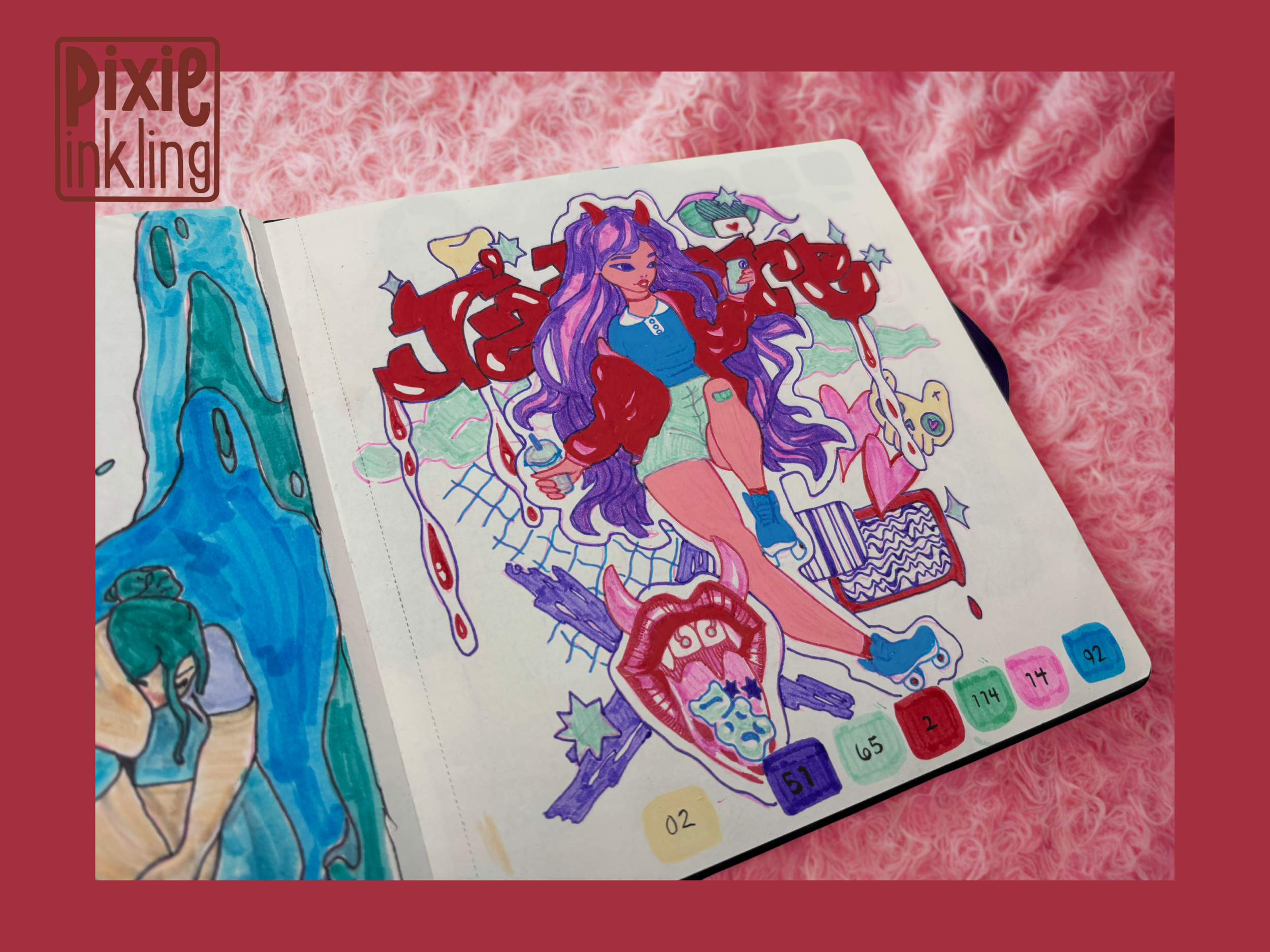 Colorful hand-drawn illustration of a girl with long purple hair, red horns, and a blue shirt sitting amid chaotic, abstract shapes and colors and graffiti words J'adore, with a pink furry background.