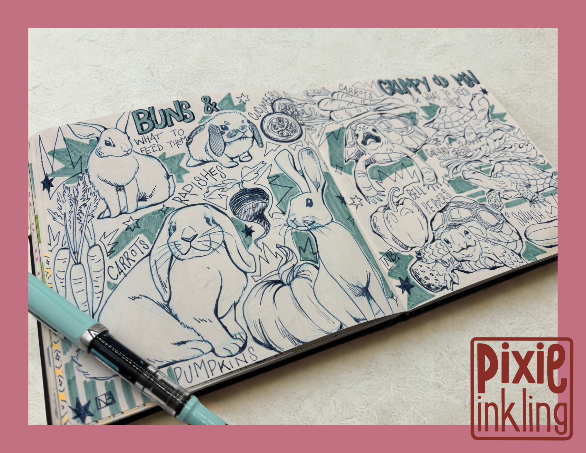 Sketchbook page with black and white illustrations of bunnies, carrots, pumpkins, and various vegetables, along with handwritten notes related to gardening and vegetables. A blue pen is placed on the page.