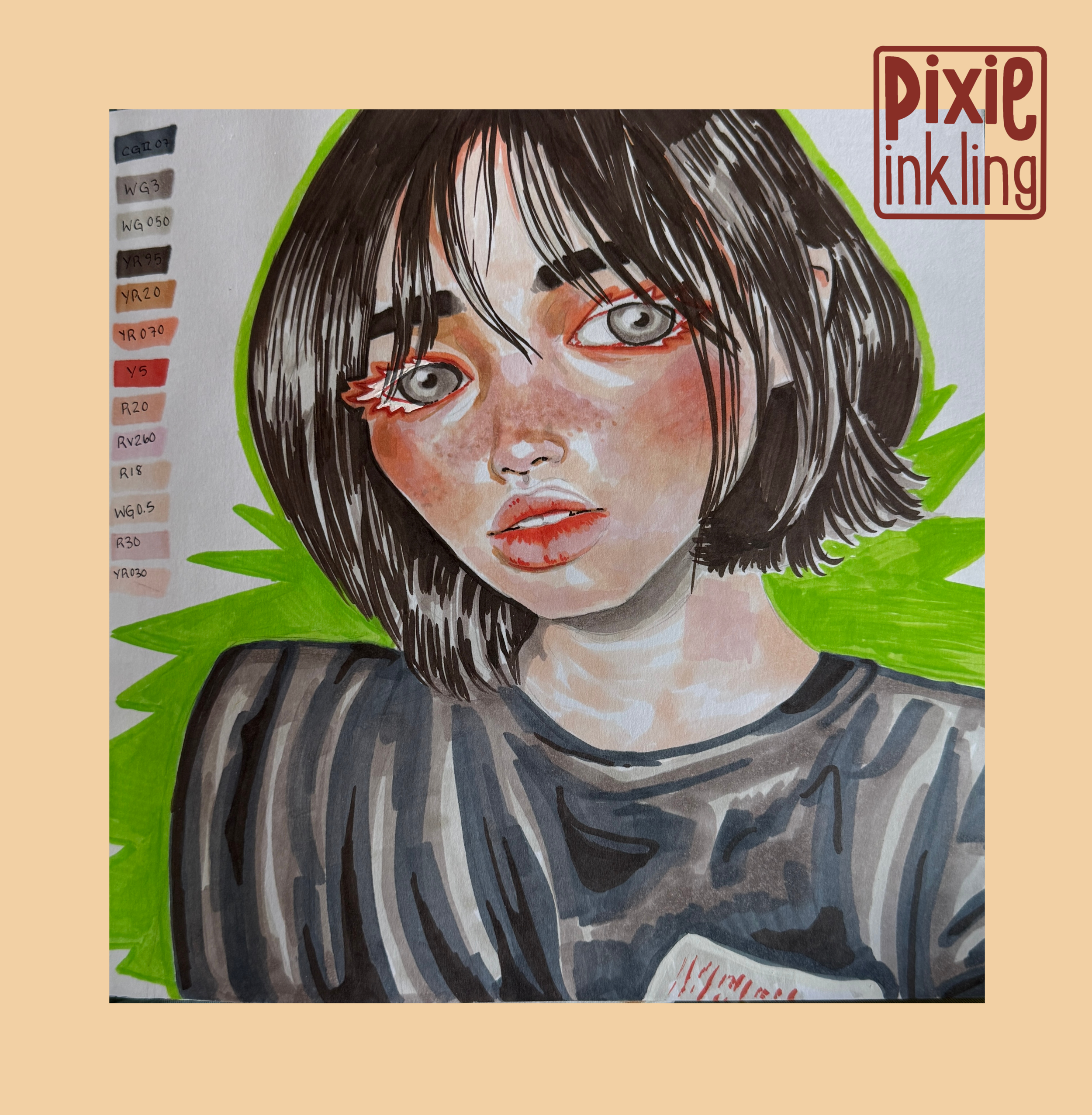 Close-up of a watercolor portrait of a young woman with dark brown hair, gray eyes, and light skin, surrounded by bright green, with a color palette on the left side and the 'Pixie Inkling' logo on the top right.