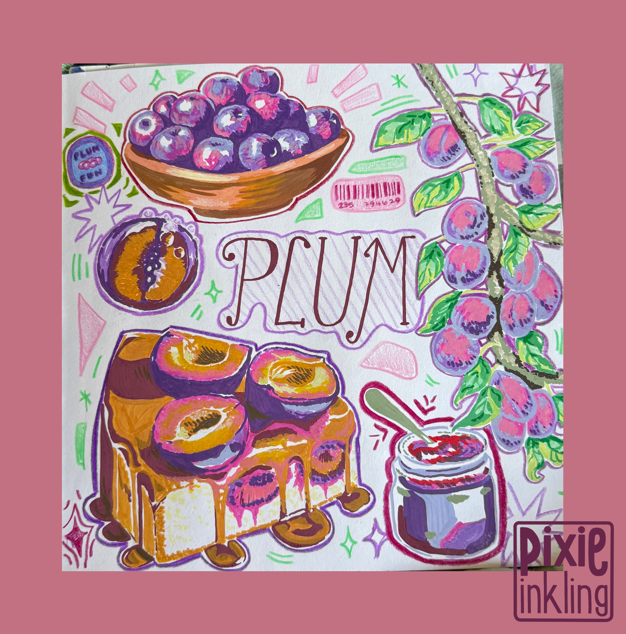Colorful drawing of a bowl of plums, a sprig of plums on a branch with green leaves, and partially visible sliced fruit on a decorative background with various patterns.